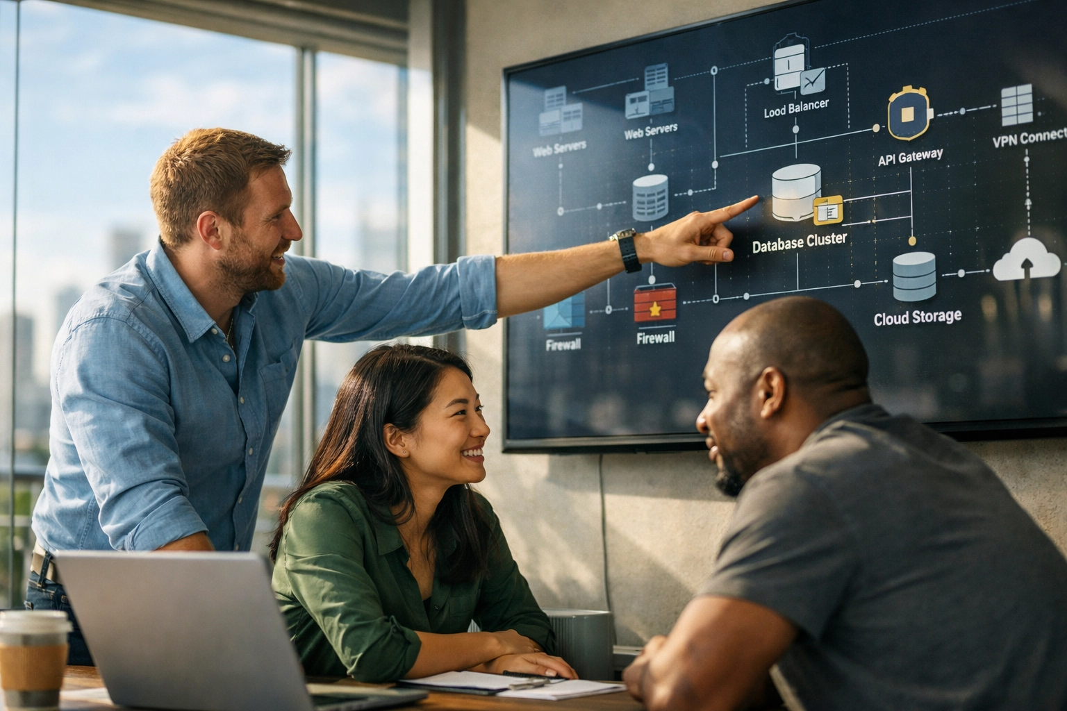 ServiceNow consulting experts reviewing network architecture to ensure full ITOM visibility in a modern office.