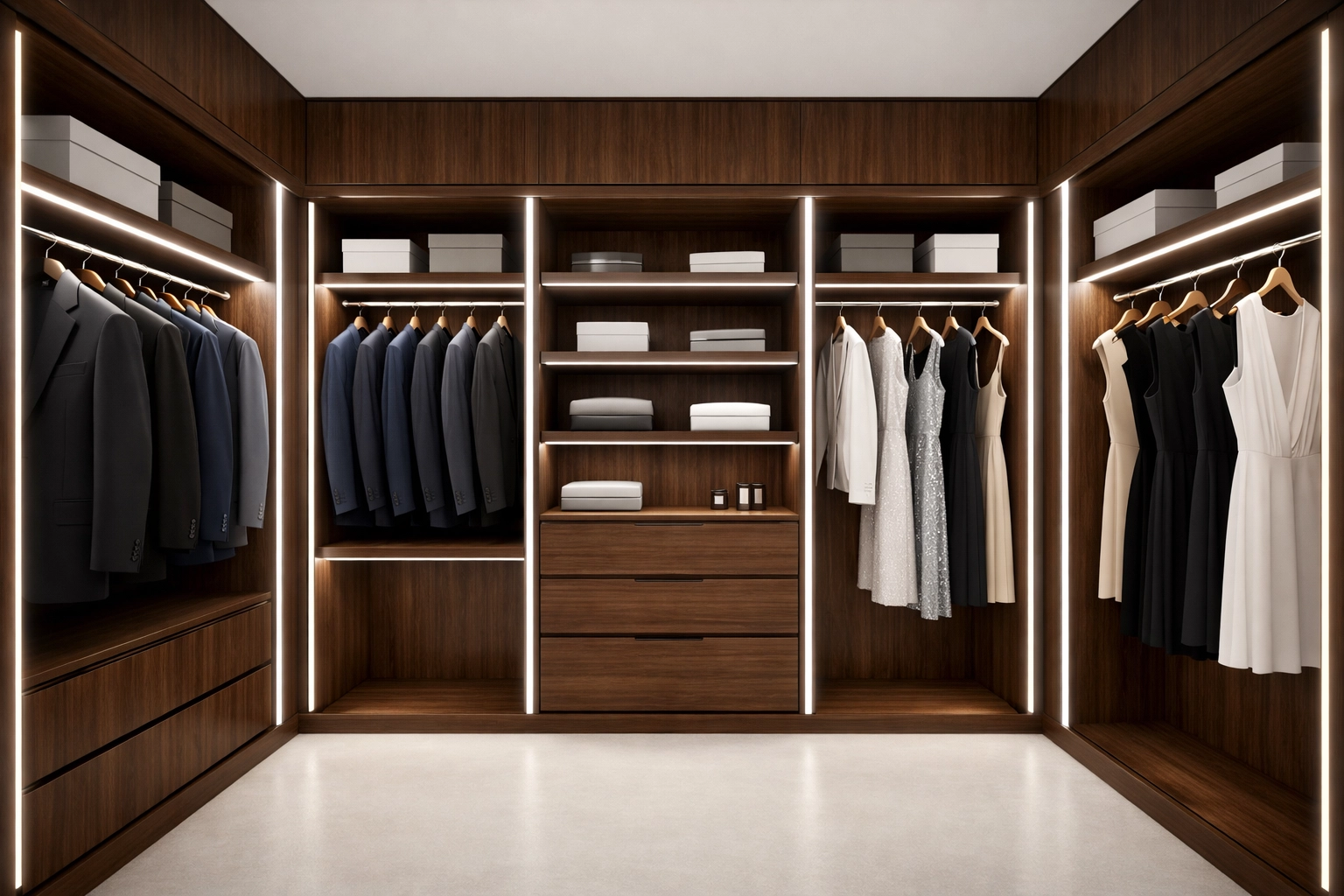 Custom walk-in closet with walnut cabinetry illuminated by integrated linear LED lighting.