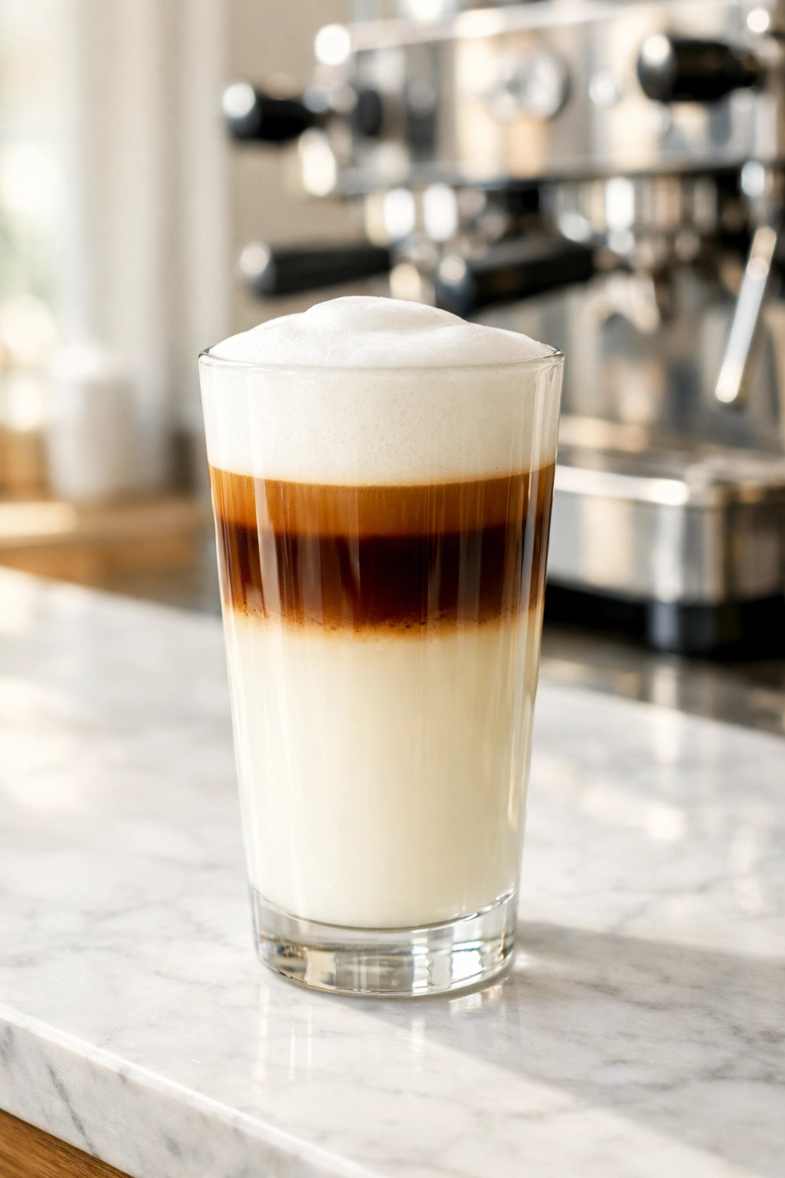A layered latte macchiato in a glass showing distinct levels of steamed milk, espresso, and thick microfoam.