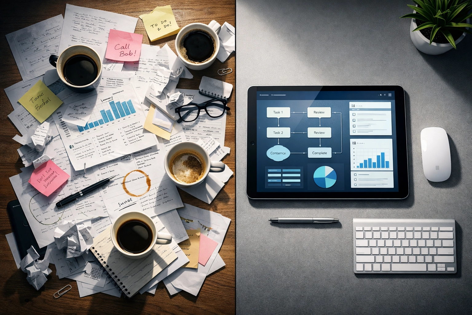 Manual workflow chaos versus organized AI sales automation on clean digital workspace
