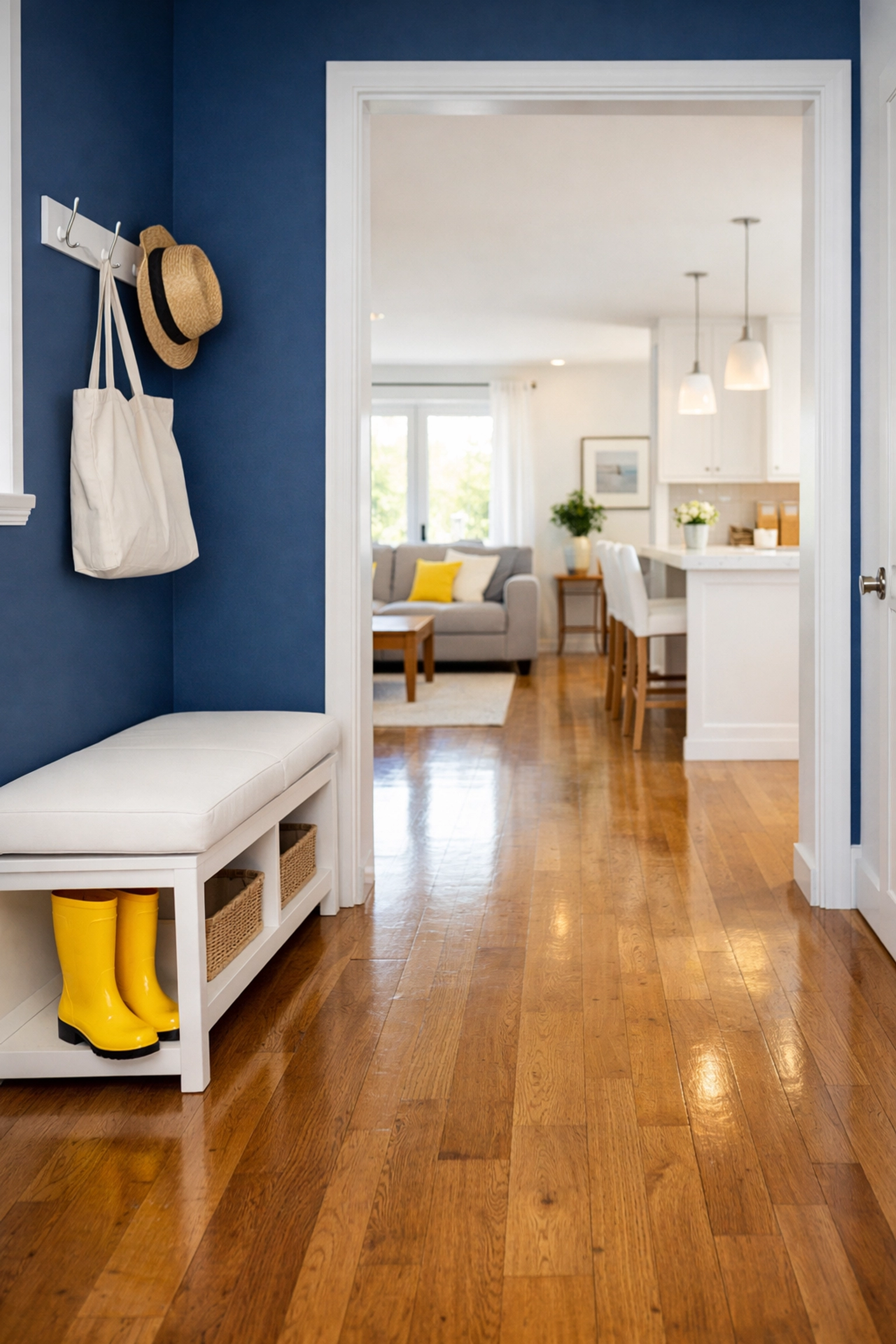 Spotless modern entryway with clean floors reflecting the quality of professional home cleaning services.