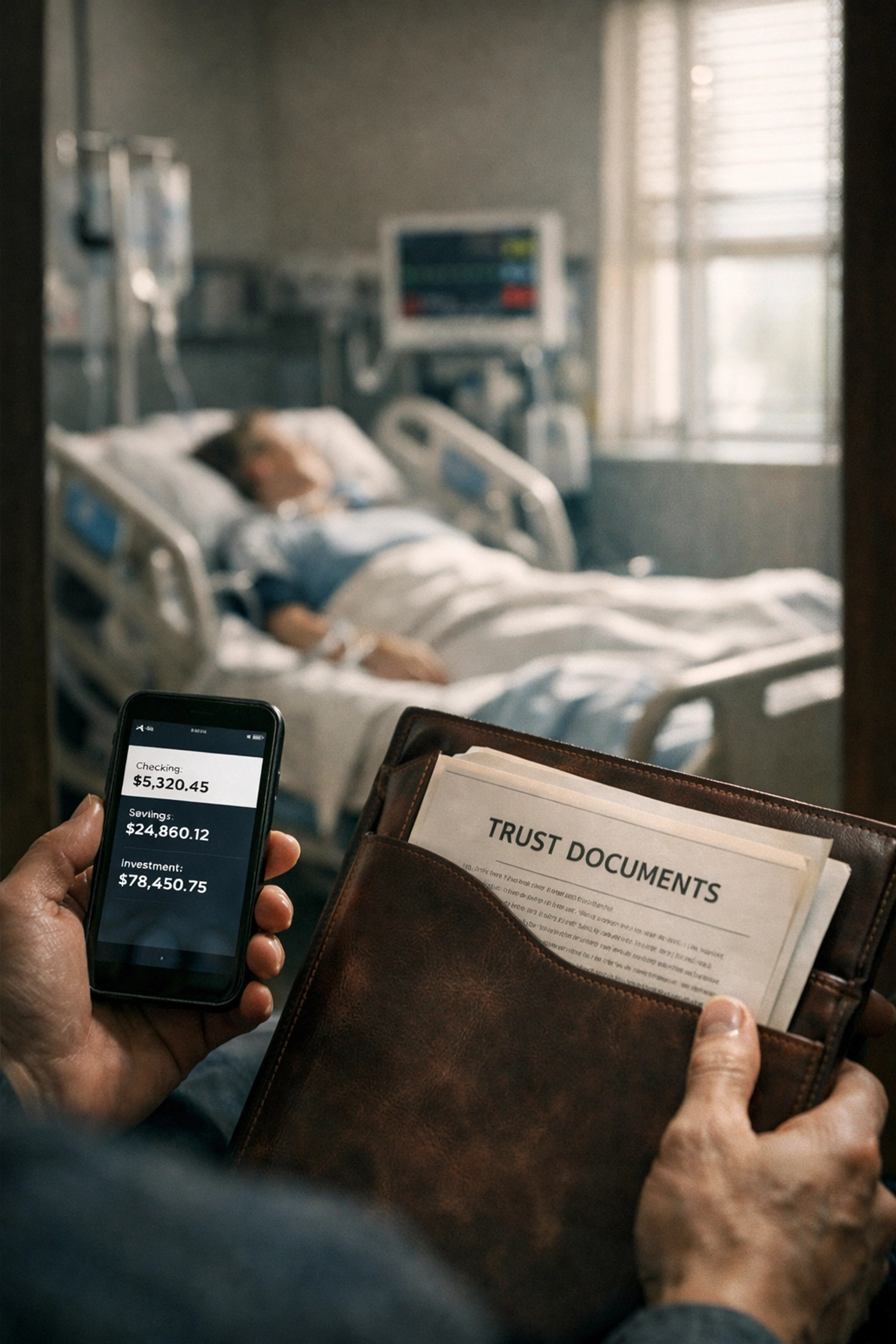 Hands holding smartphone and trust documents in hospital room showing incapacity planning protection