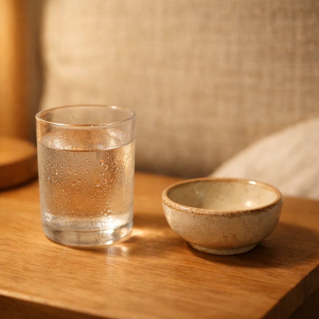 Éjjeliszekrény vízzel és gyógyszerekkel, a merevedési zavart okozó készítményekre utalva.