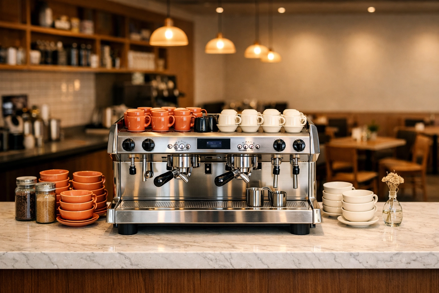 A professional coffee bar setup with an espresso machine ready for a new café business opening.