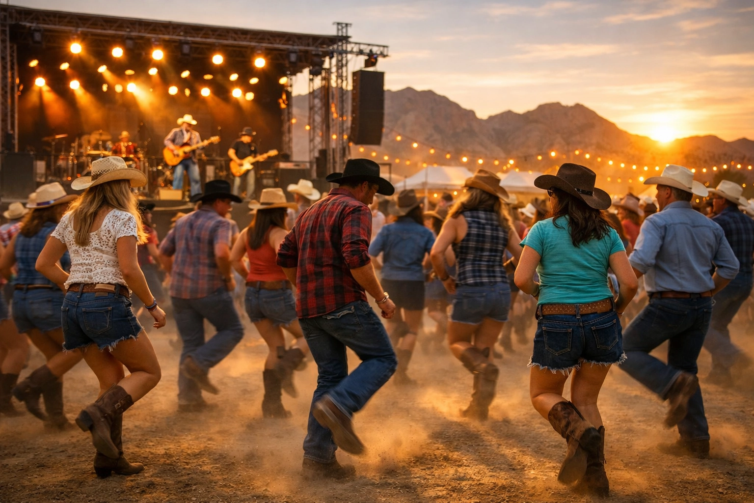 Festival attendees line dancing at a country music concert during Team Whiskey Bonanza.