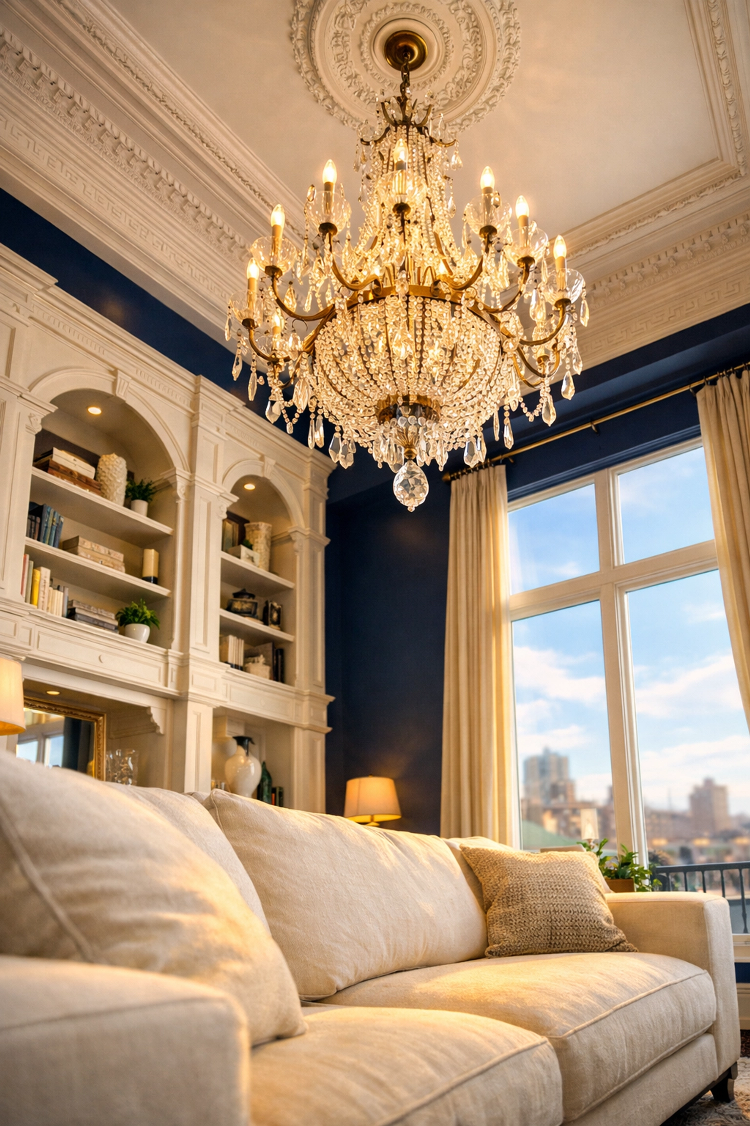 Dust-free chandelier and high ceilings cleaned by house cleaning Worcester MA experts.