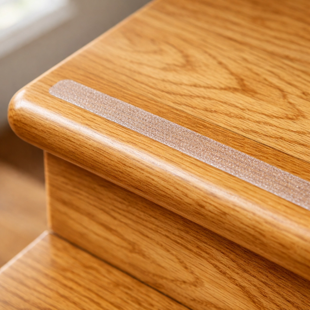 Close-up of a rounded wooden stair nosing with a clear non-slip adhesive strip for better grip.