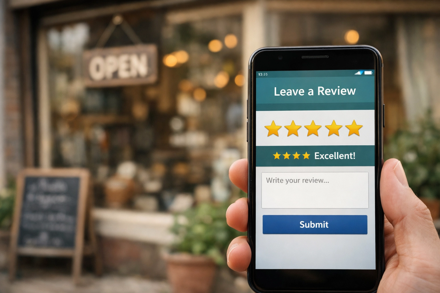 Local business receiving five-star Google reviews on mobile device outside storefront