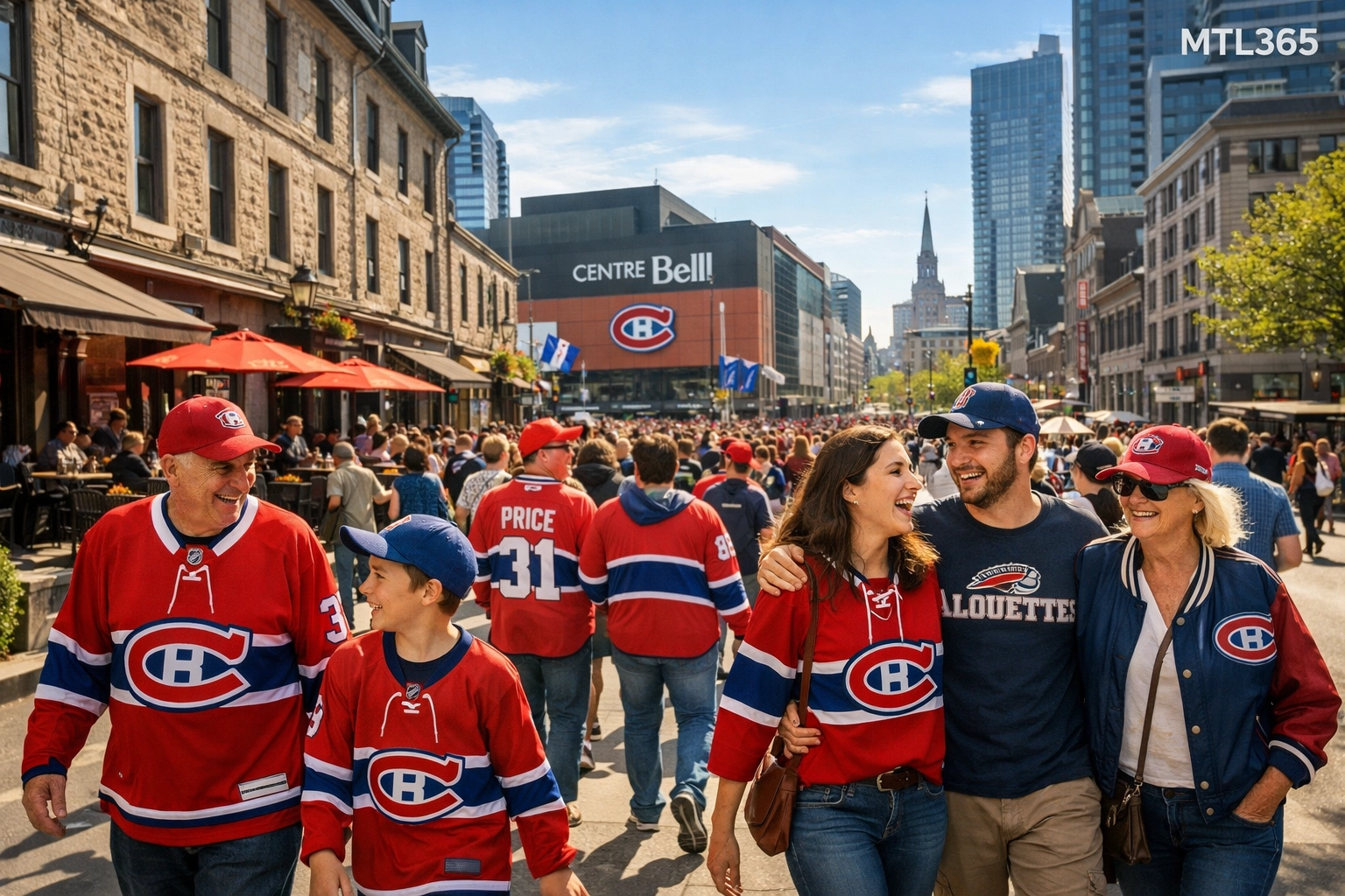 Passionate Montreal sports fans wearing team jerseys walking through downtown.