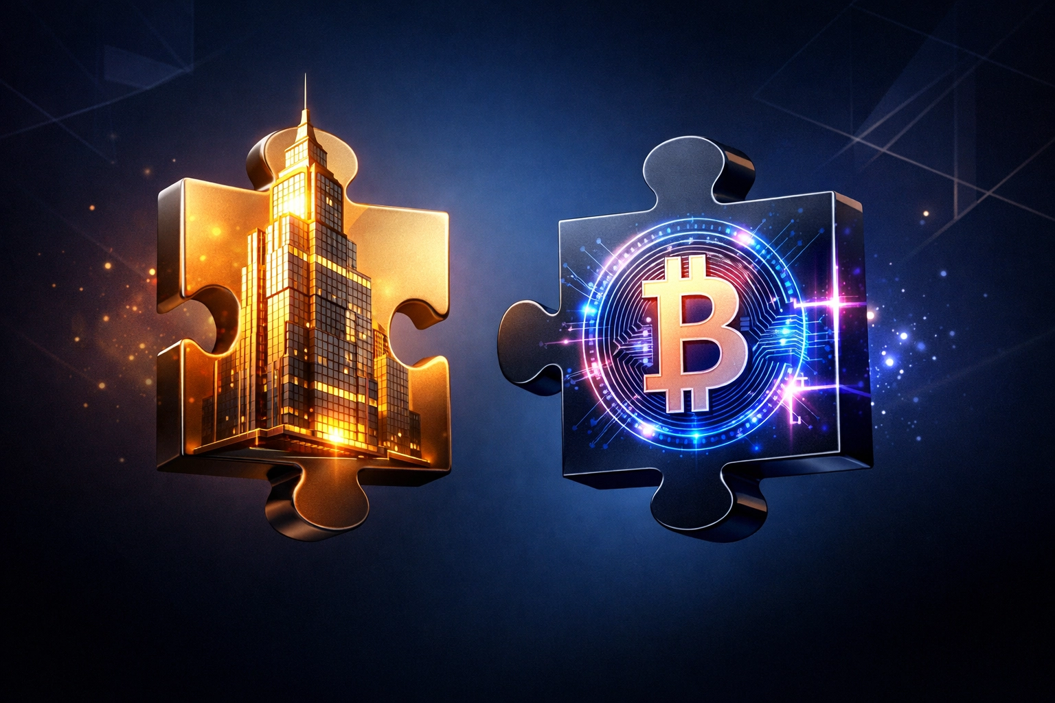 Crypto and real estate puzzle pieces connecting, illustrating complementary investment strategies