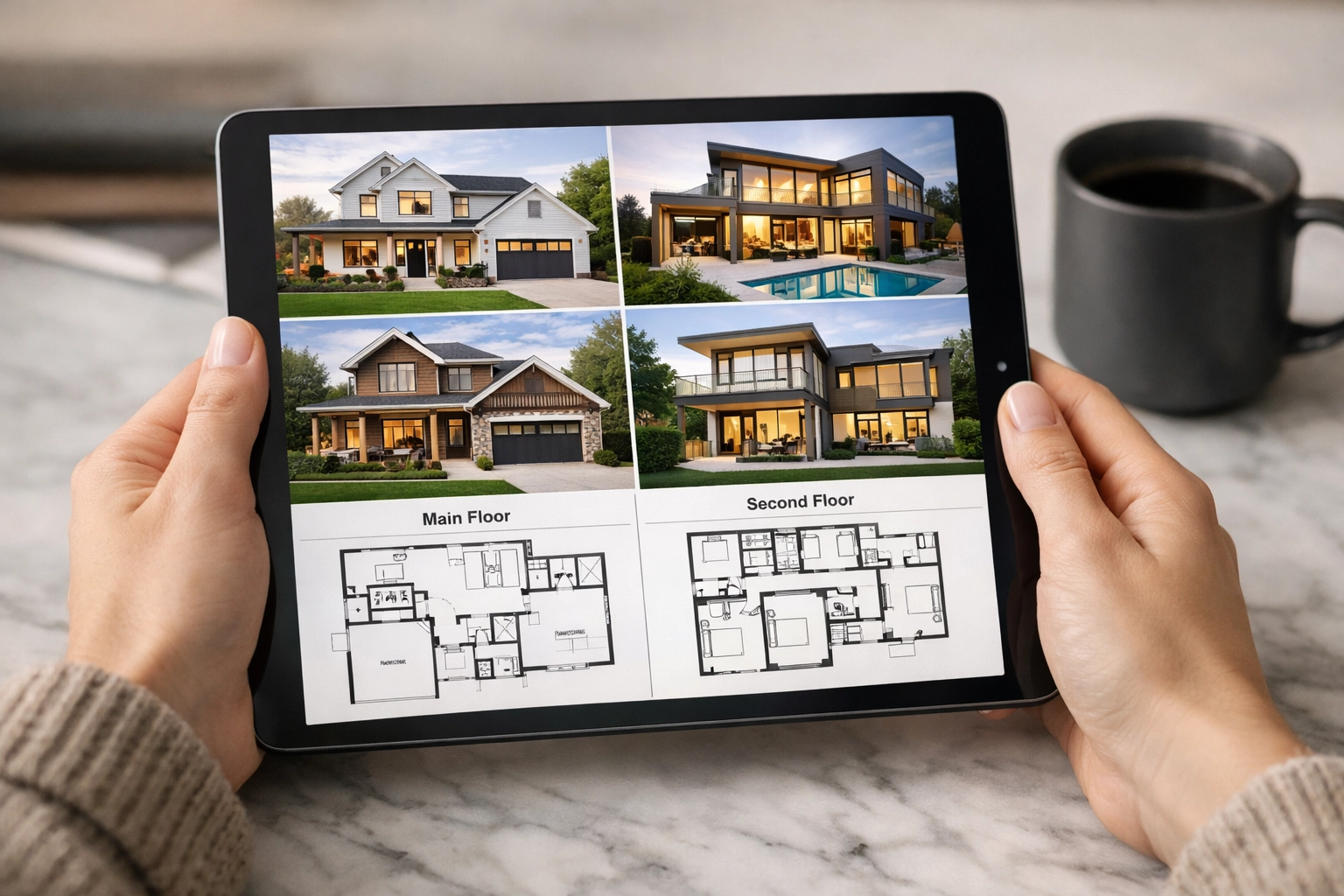 Realtor viewing professional property media and iGUIDE interactive floor plans on a tablet.