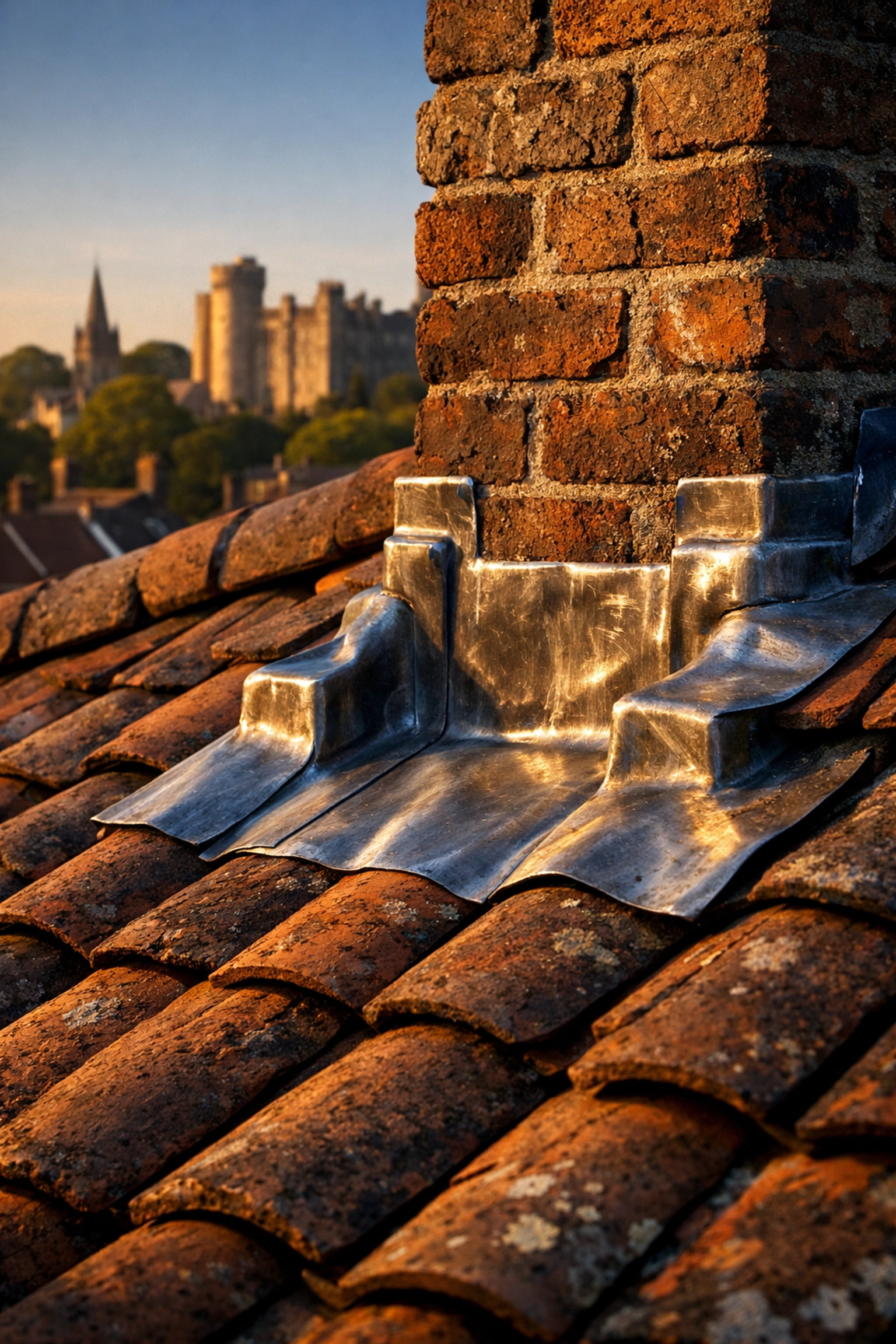 Detailed lead flashing repair on traditional clay tiles of a Chichester property roof.