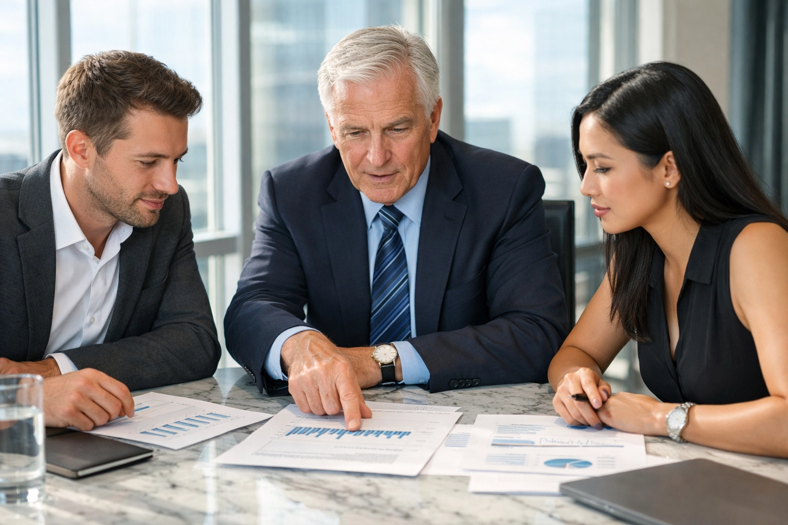Executives reviewing financial documents during a transparent boardroom meeting for scaling strategy.