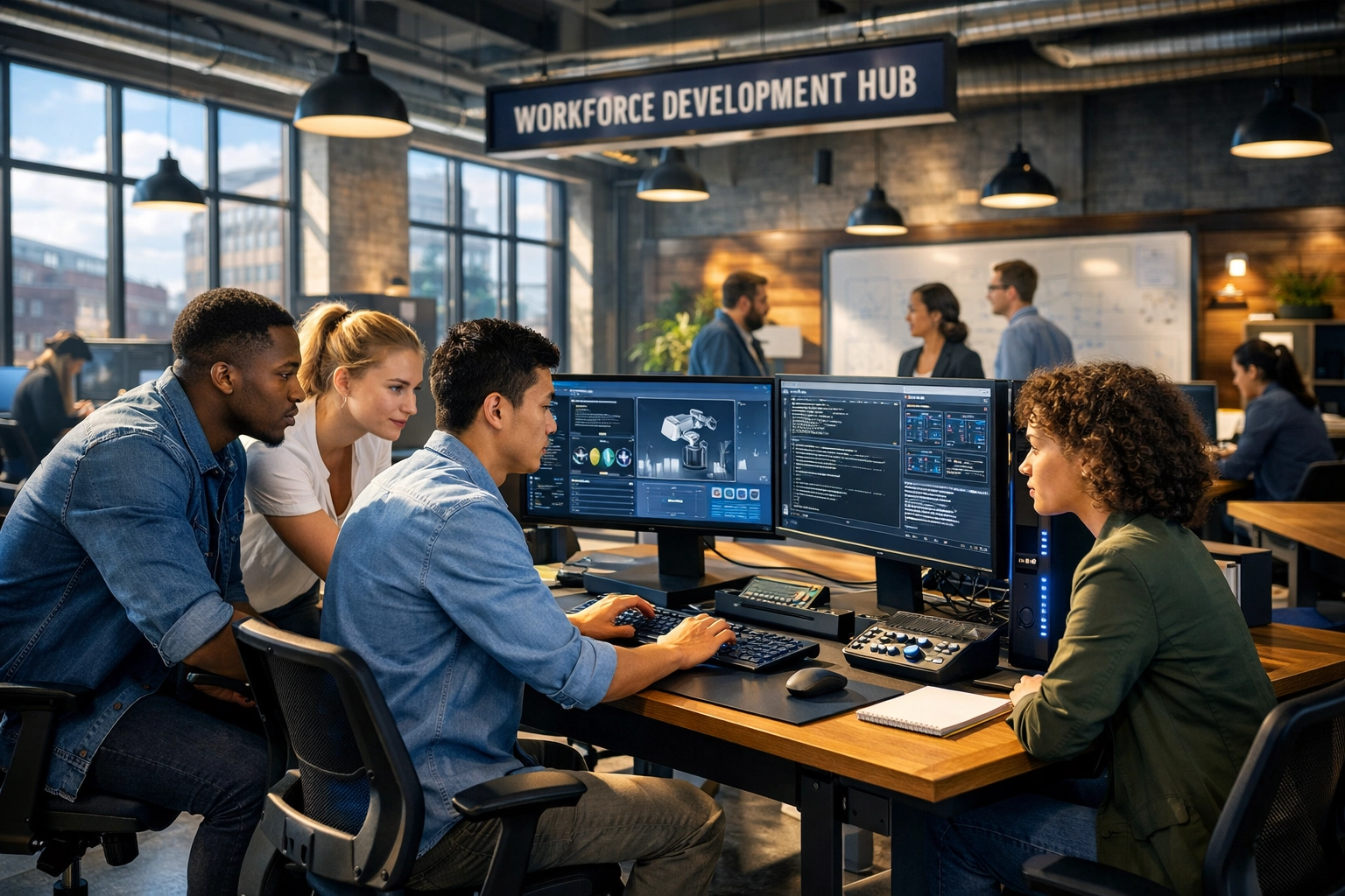 Professionals collaborating in a modern, modular workforce development hub with high-tech workstations.