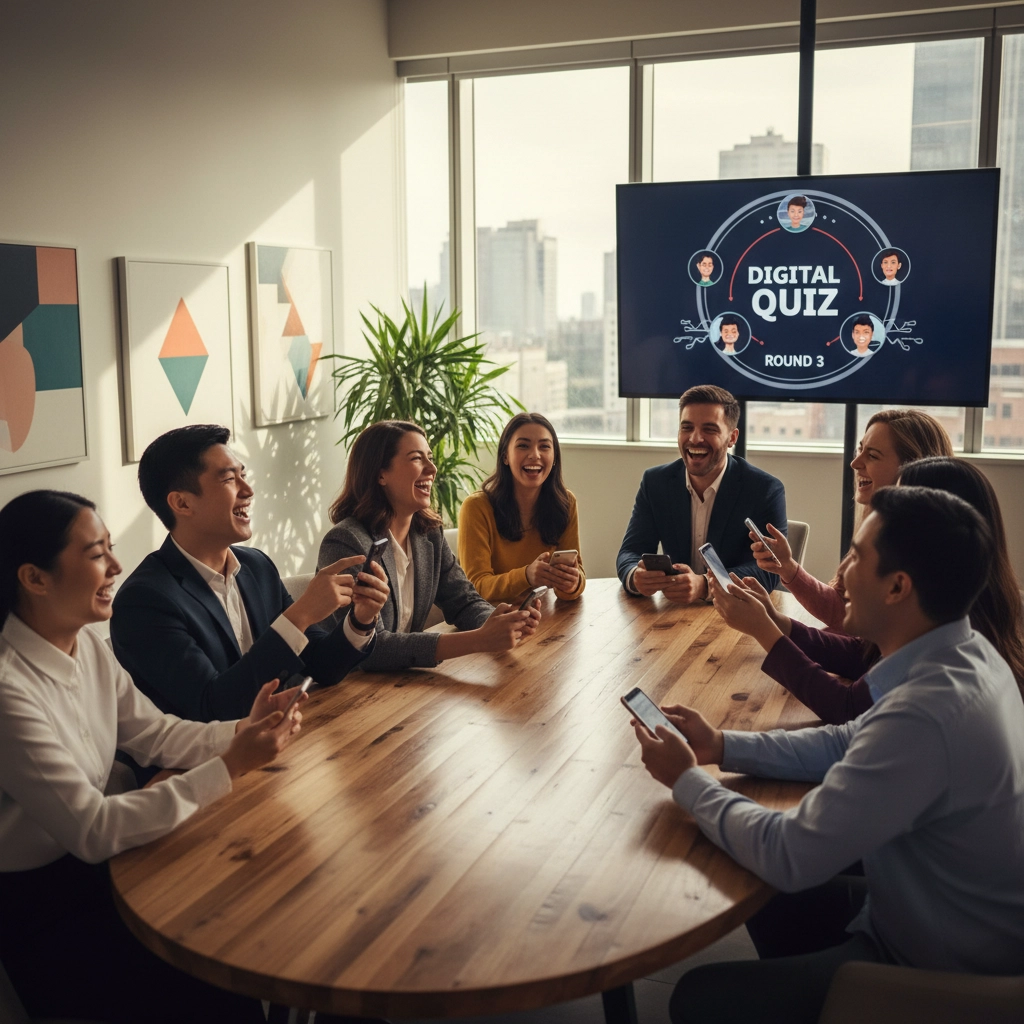 Group of people sat round a board room table playing quizzes on their smart phone and smiling