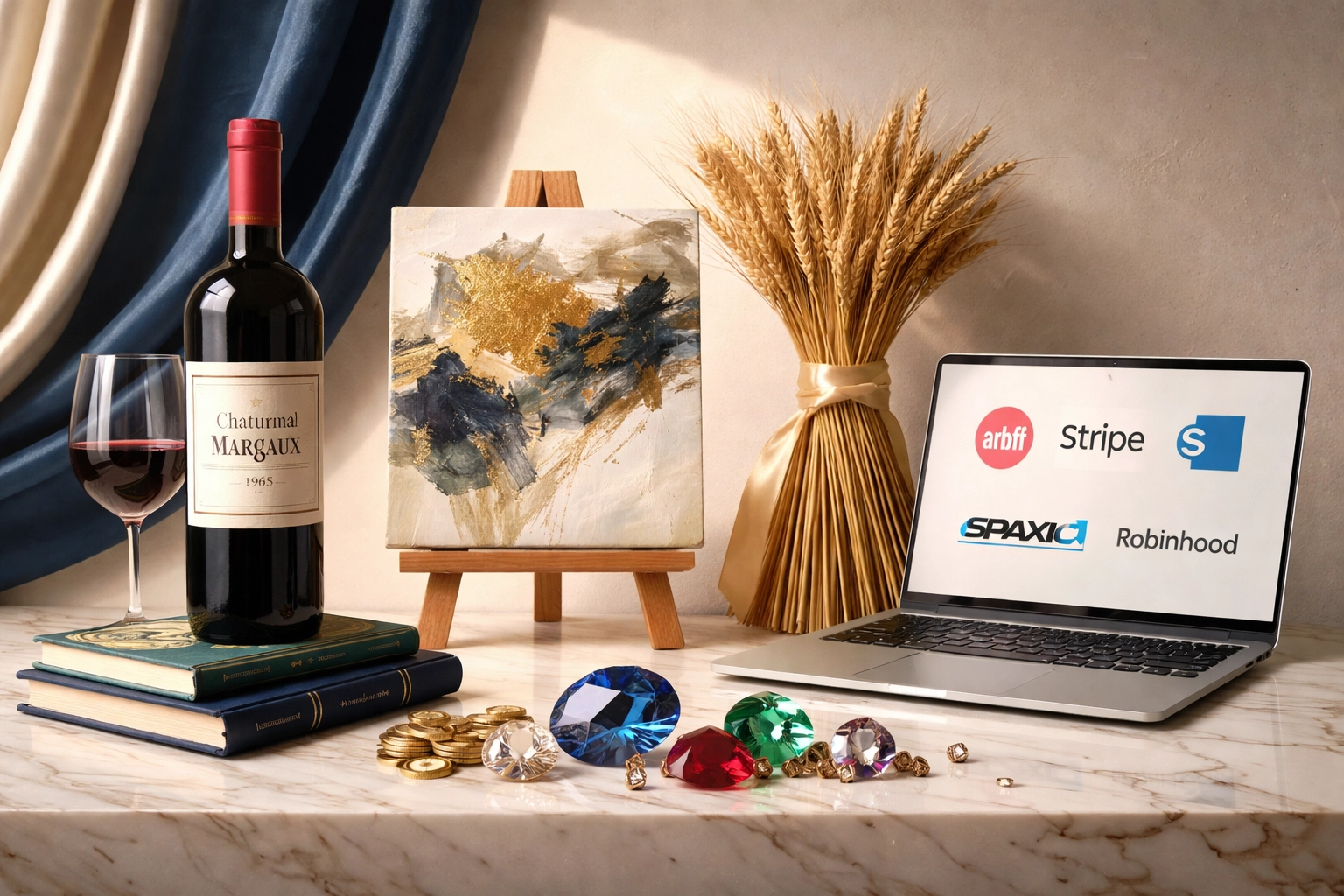 Still life featuring fine wine, abstract art, farmland wheat, startup laptop, and gemstones, symbolizing premium accredited investor assets