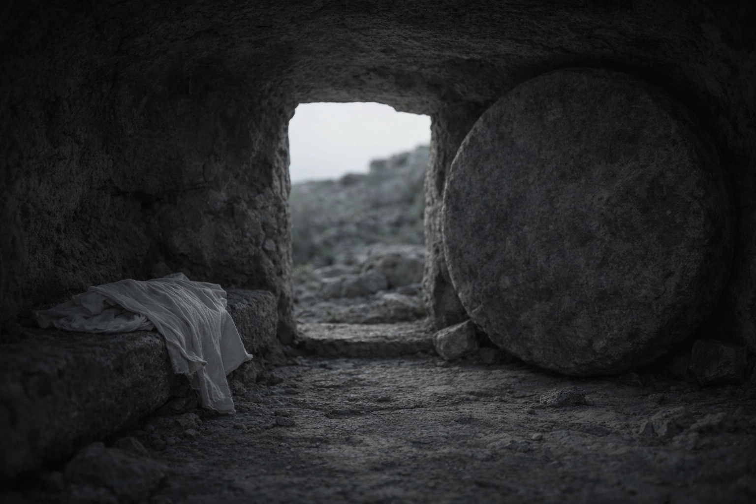A dim, empty stone tomb at early morning with natural shadows—quiet, cinematic, and reflective.