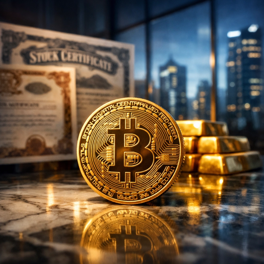 Bitcoin coin representing institutional cryptocurrency investment alongside traditional assets