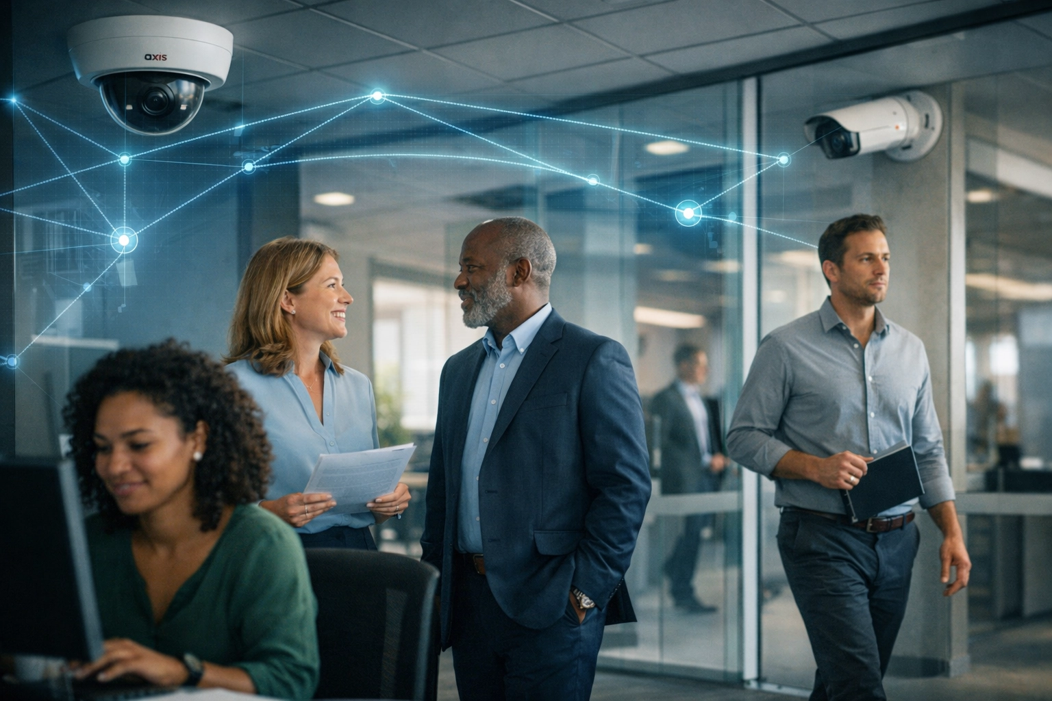 Michigan office employees working safely with Axis security cameras providing real-time protection