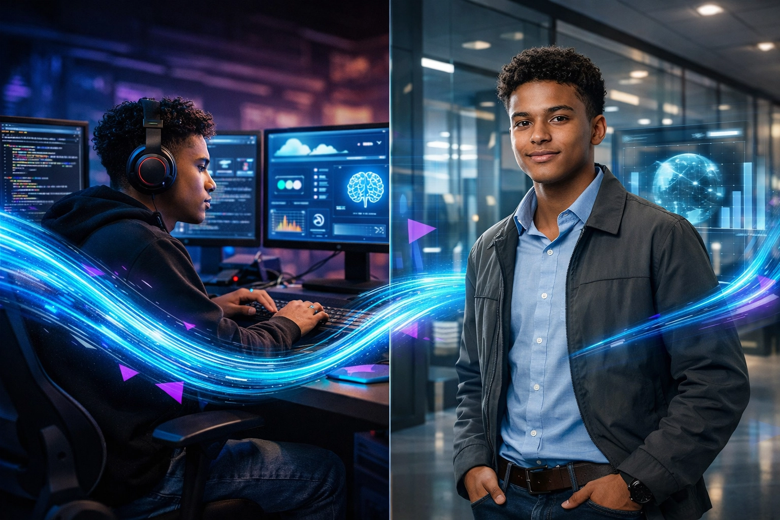 Gen Z student transitioning from gaming station to AI-powered corporate career