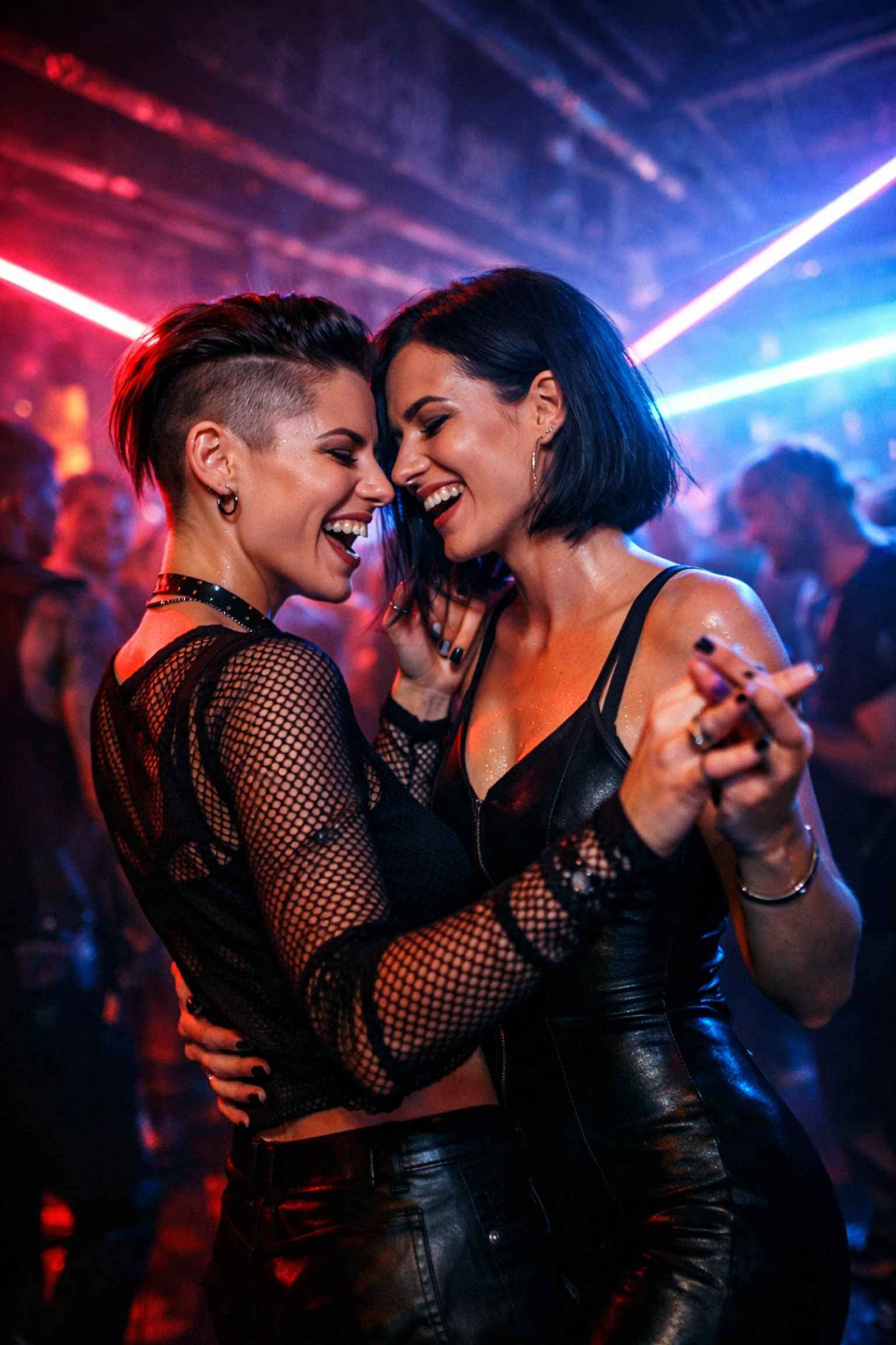 A lesbian couple dances under neon lights in a Berlin nightclub, capturing the energy of queer nightlife.