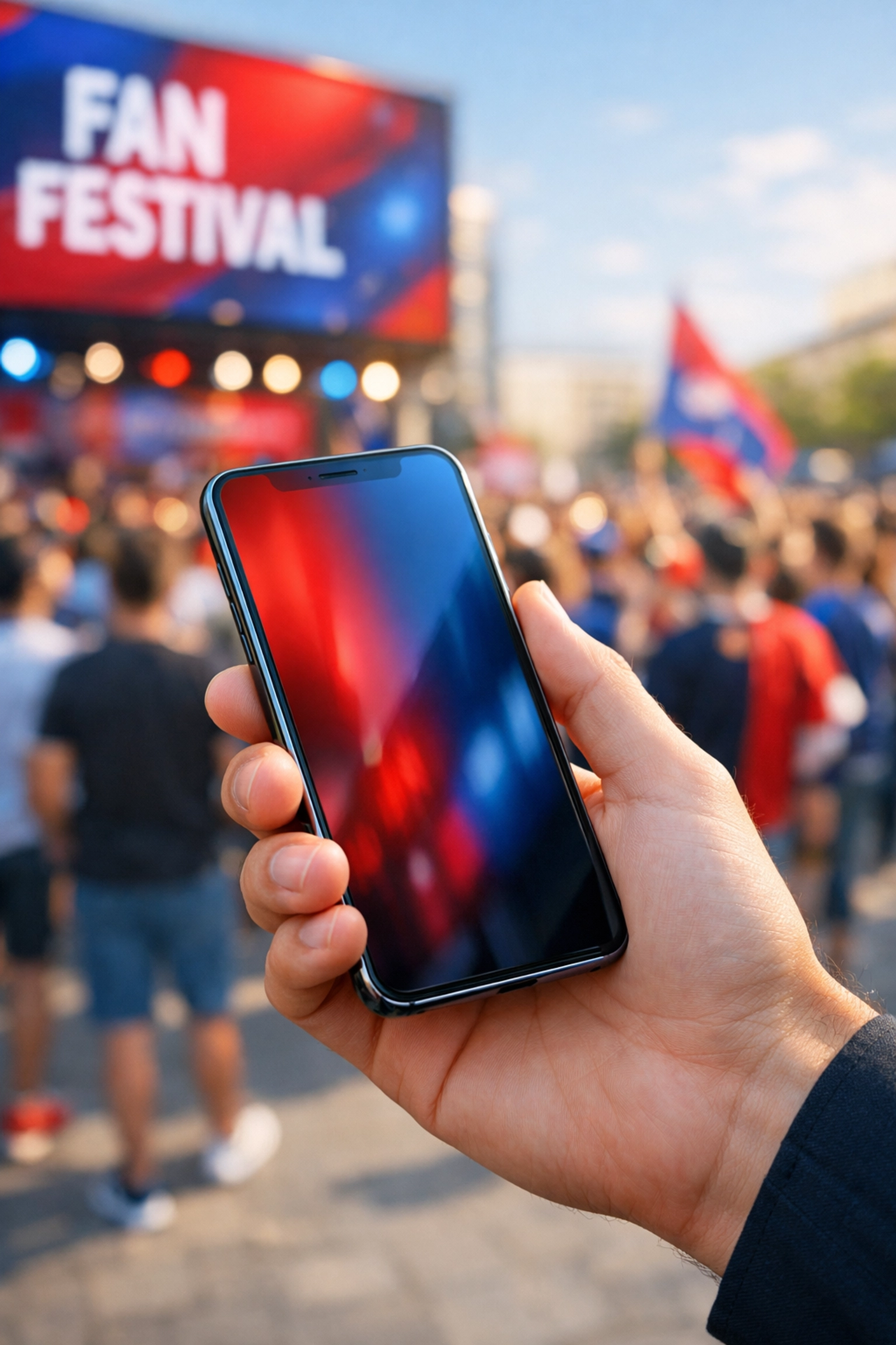 Fan using a smartphone to interact with digital OOH displays at a sports fan festival.