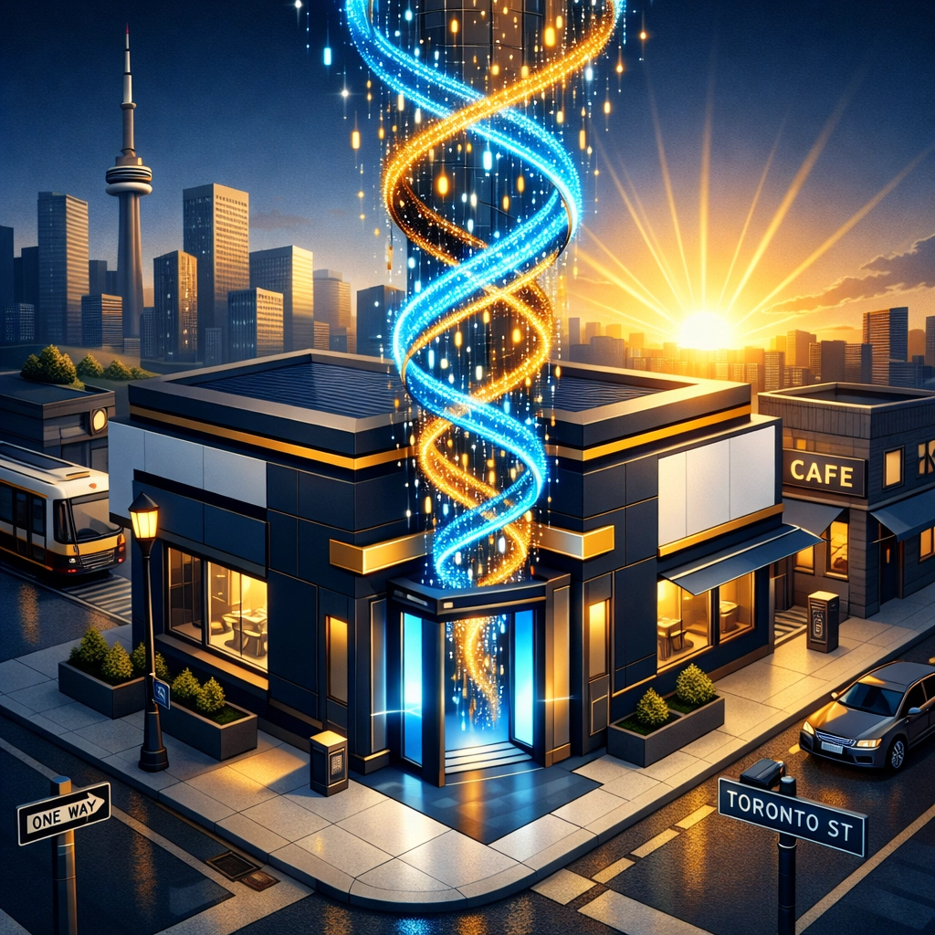 Toronto storefront with rising digital data streams representing local SEO growth for small businesses.