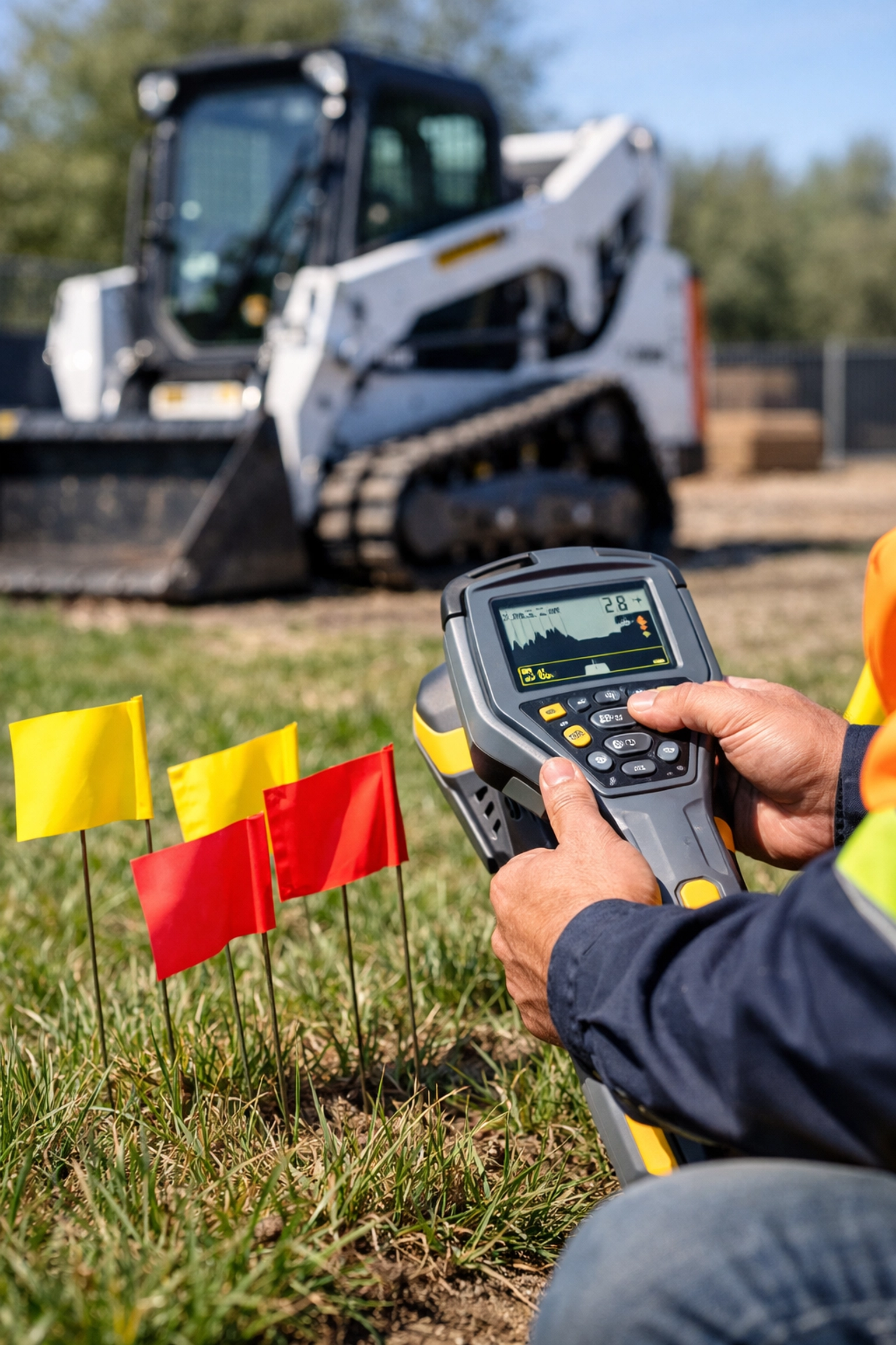 Professional site technician using a utility locator to mark underground lines before excavation.