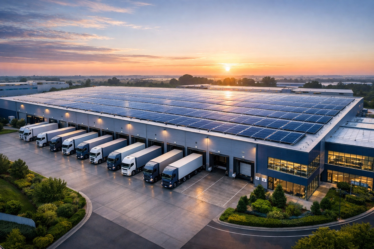 Sustainable logistics hub with solar energy representing Dakdan Worldwide ESG consulting and brand scaling.