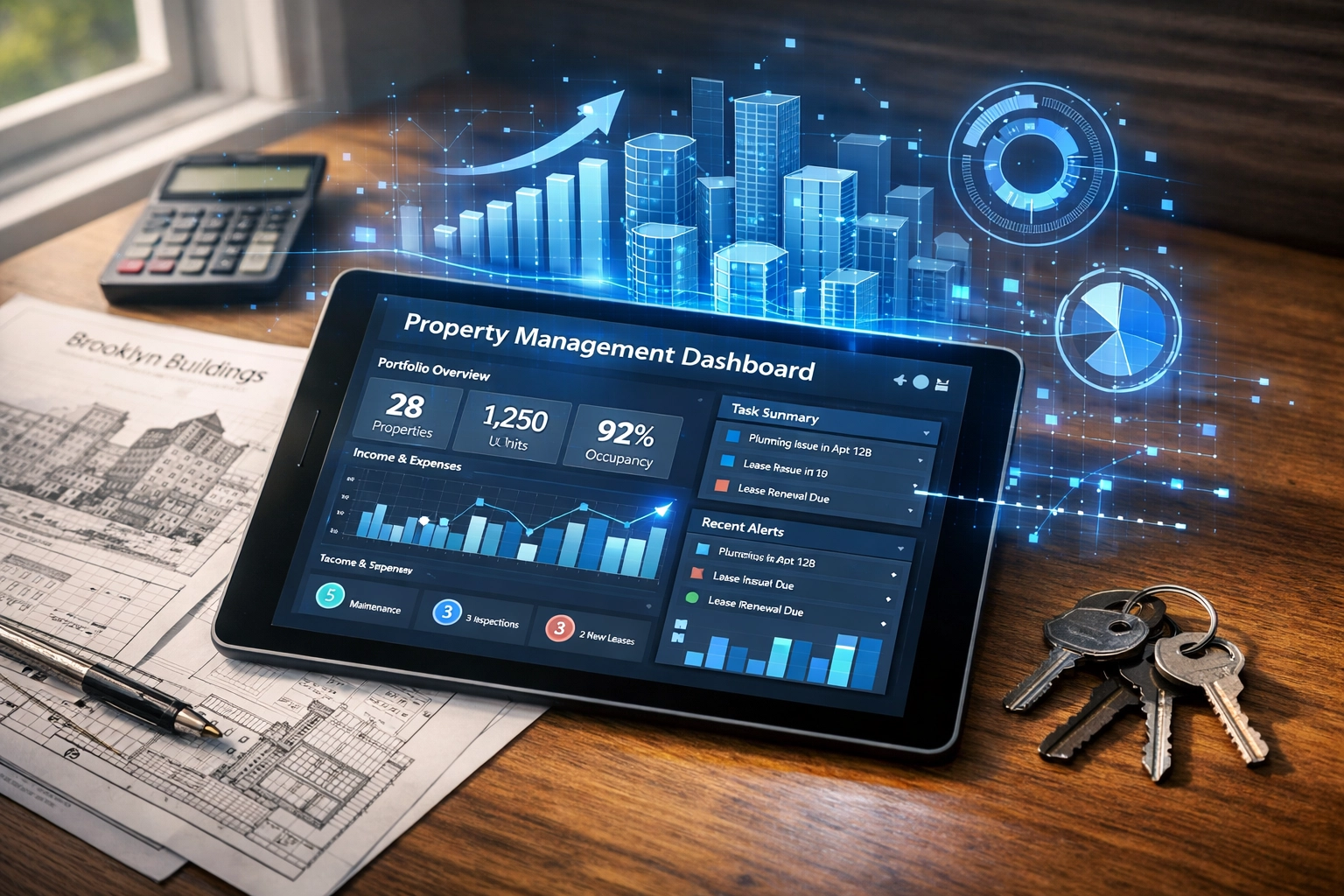 Property management dashboard displaying portfolio overview, occupancy rates, and task summaries, with keys and architectural plans for Brooklyn buildings in the background.