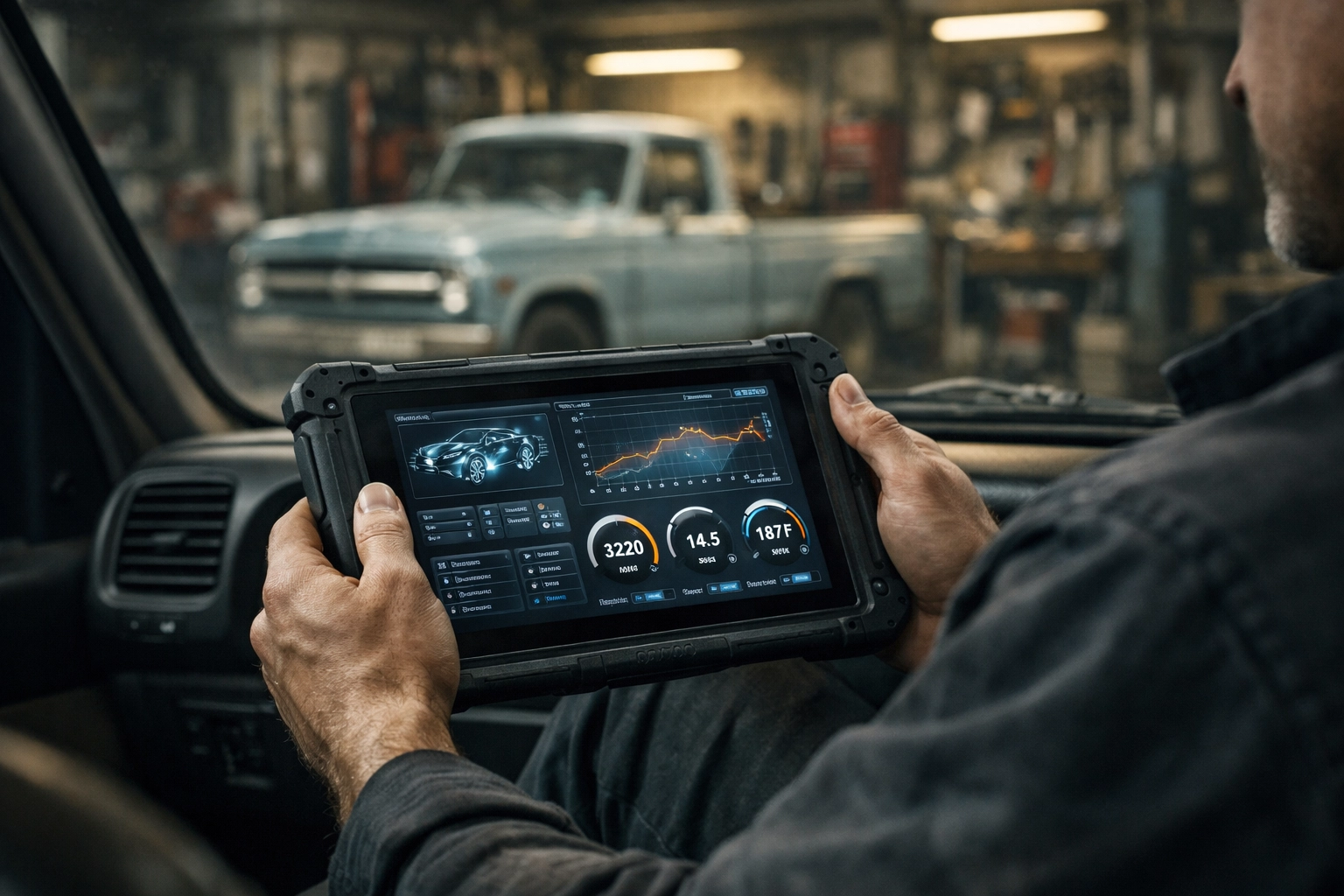 Technician using digital tools for transmission repair in Brownwood TX.