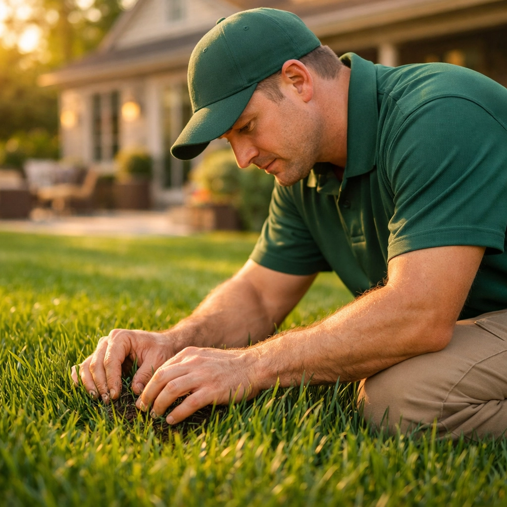 Sunnydale Lawn Care technician inspecting soil and grass health on a healthy green lawn.