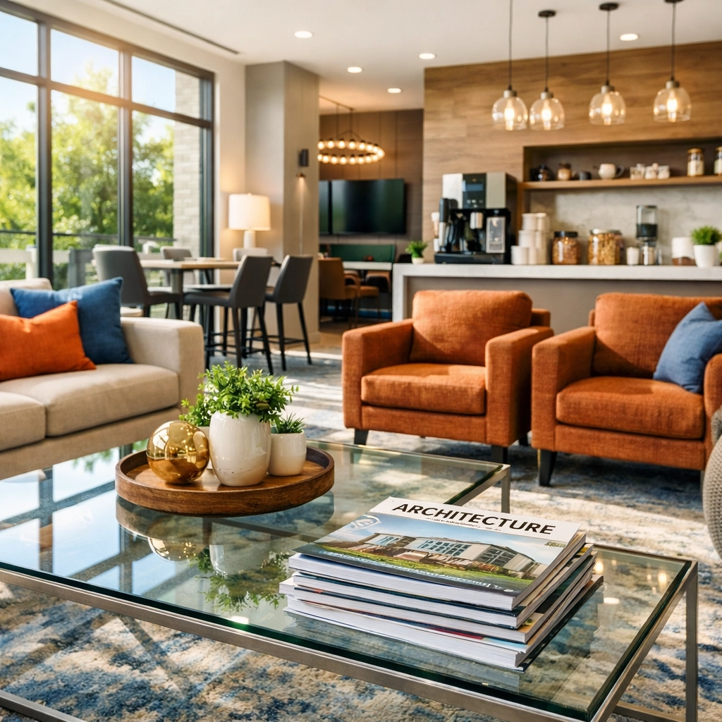 Impeccably clean multifamily common area lounge demonstrating superior property management care.