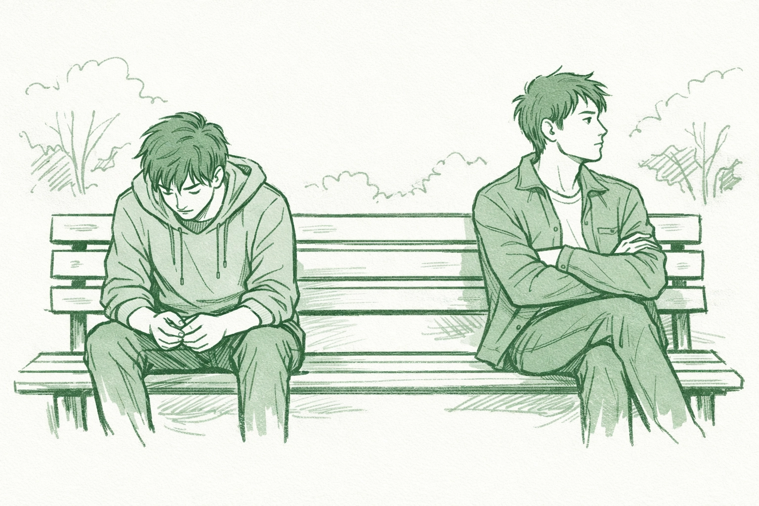 Two men on park bench showing emotional distance in MM romance coming out narrative