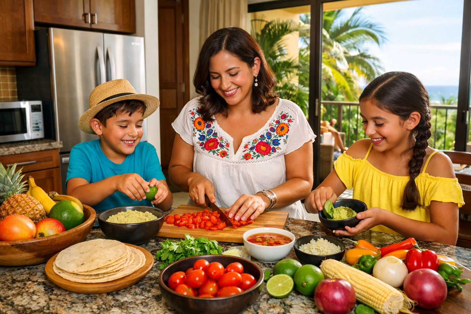 Family cooking fresh local ingredients in Puerto Vallarta condo kitchen with natural light
