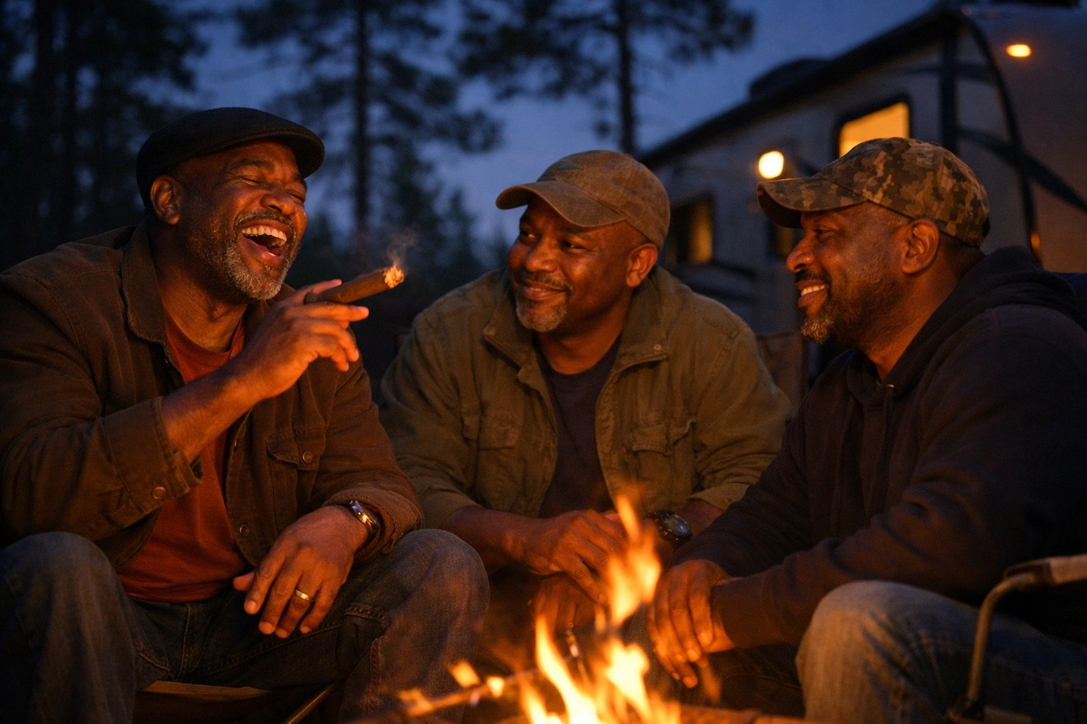 Black men sharing stories and cigars around a campfire, enjoying outdoor events for Black adults.
