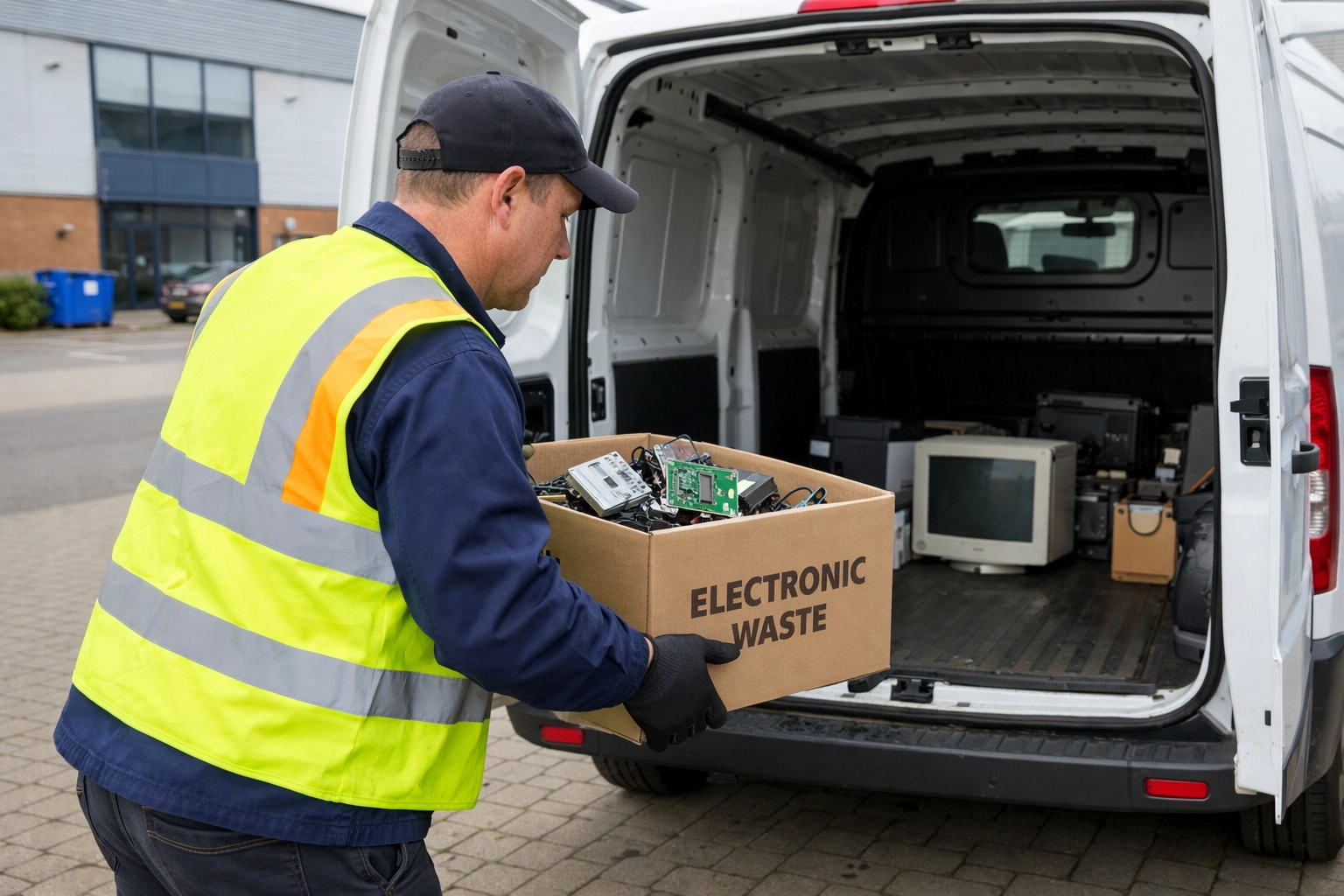 A professional waste carrier loading IT equipment for secure recycling at a Northants business park.