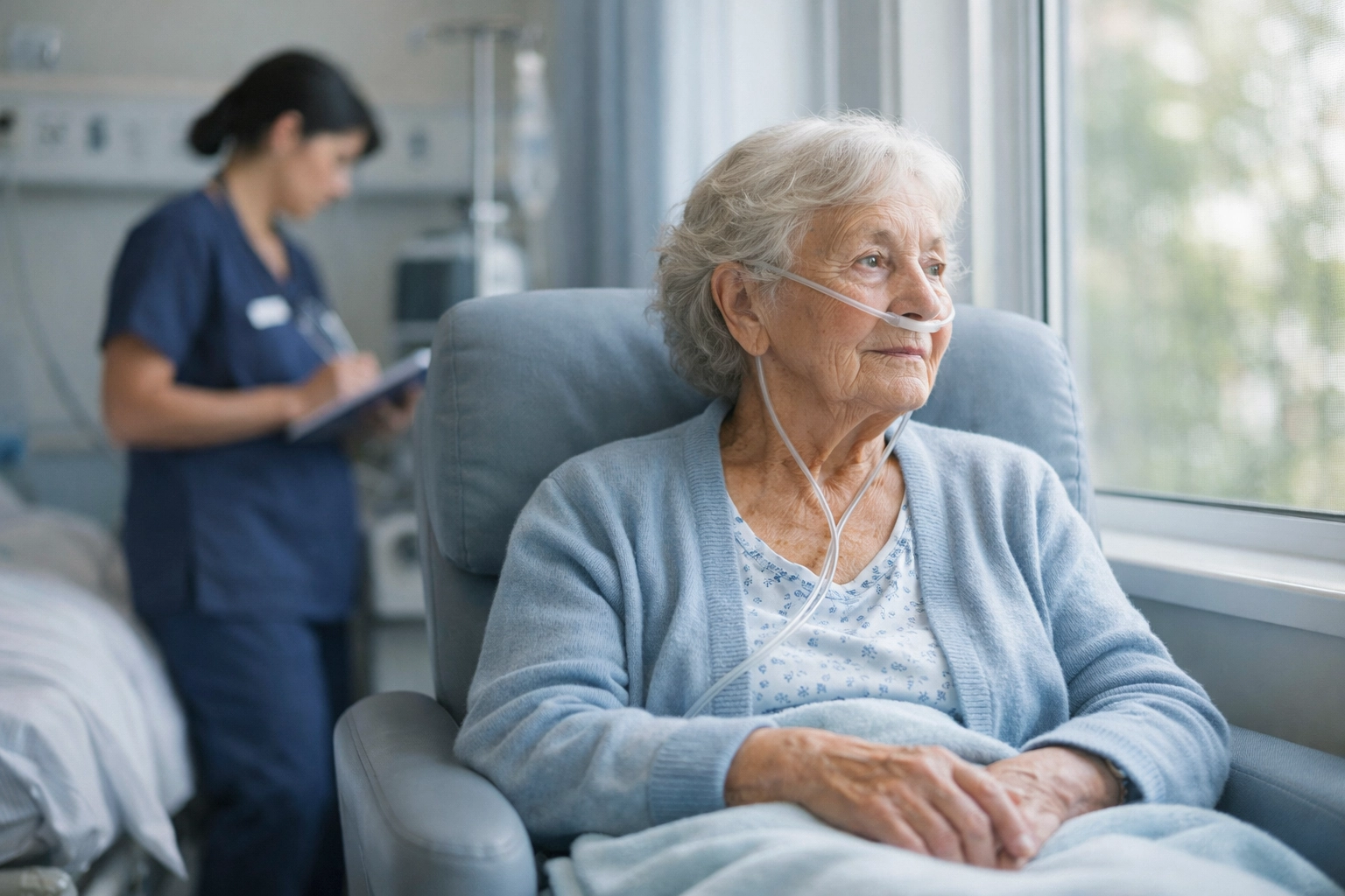Elderly patient receiving oxygen therapy in NHS respiratory ward with healthcare professional