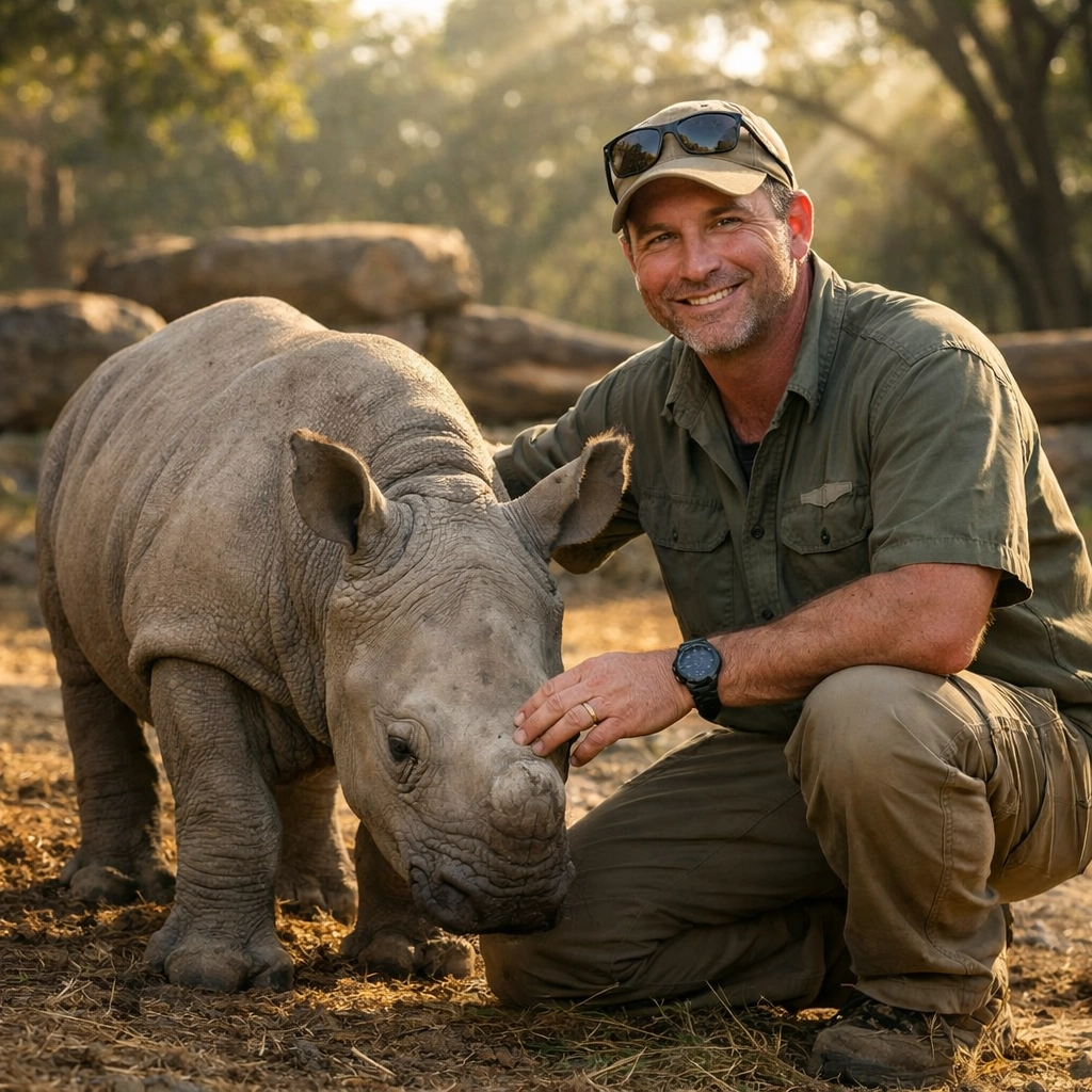 Zoo keeper with endangered white rhino calf demonstrating conservation storytelling