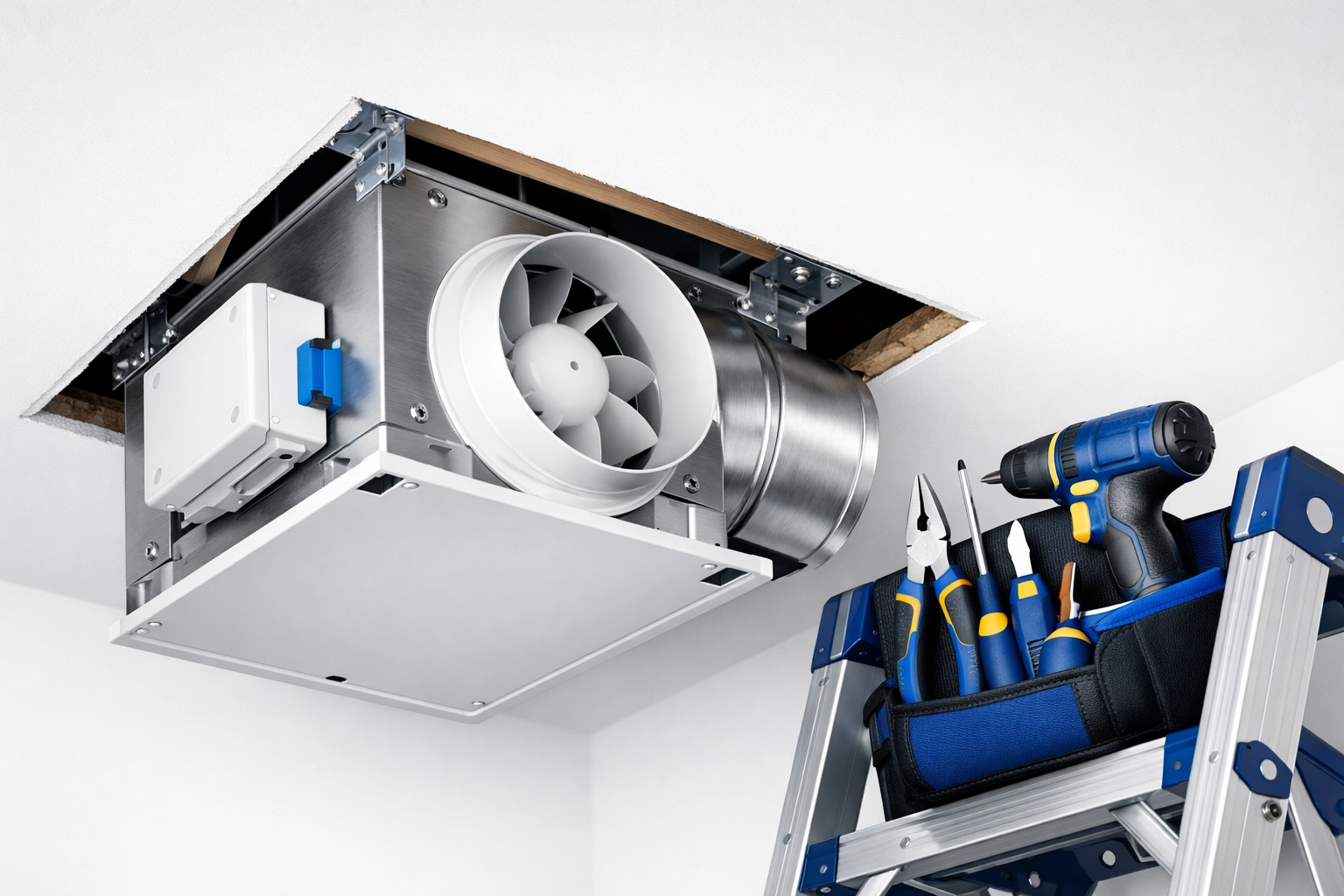 Professional installation of a new bathroom exhaust fan housing to improve air circulation.