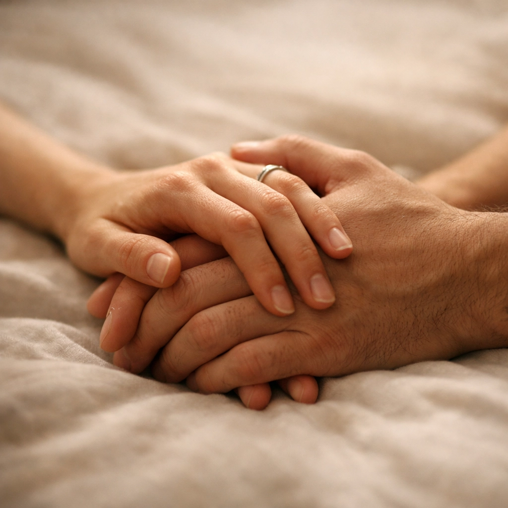 Pár összefonódó kezei - intimitás és kapcsolati támogatás merevedési zavar kezelésében