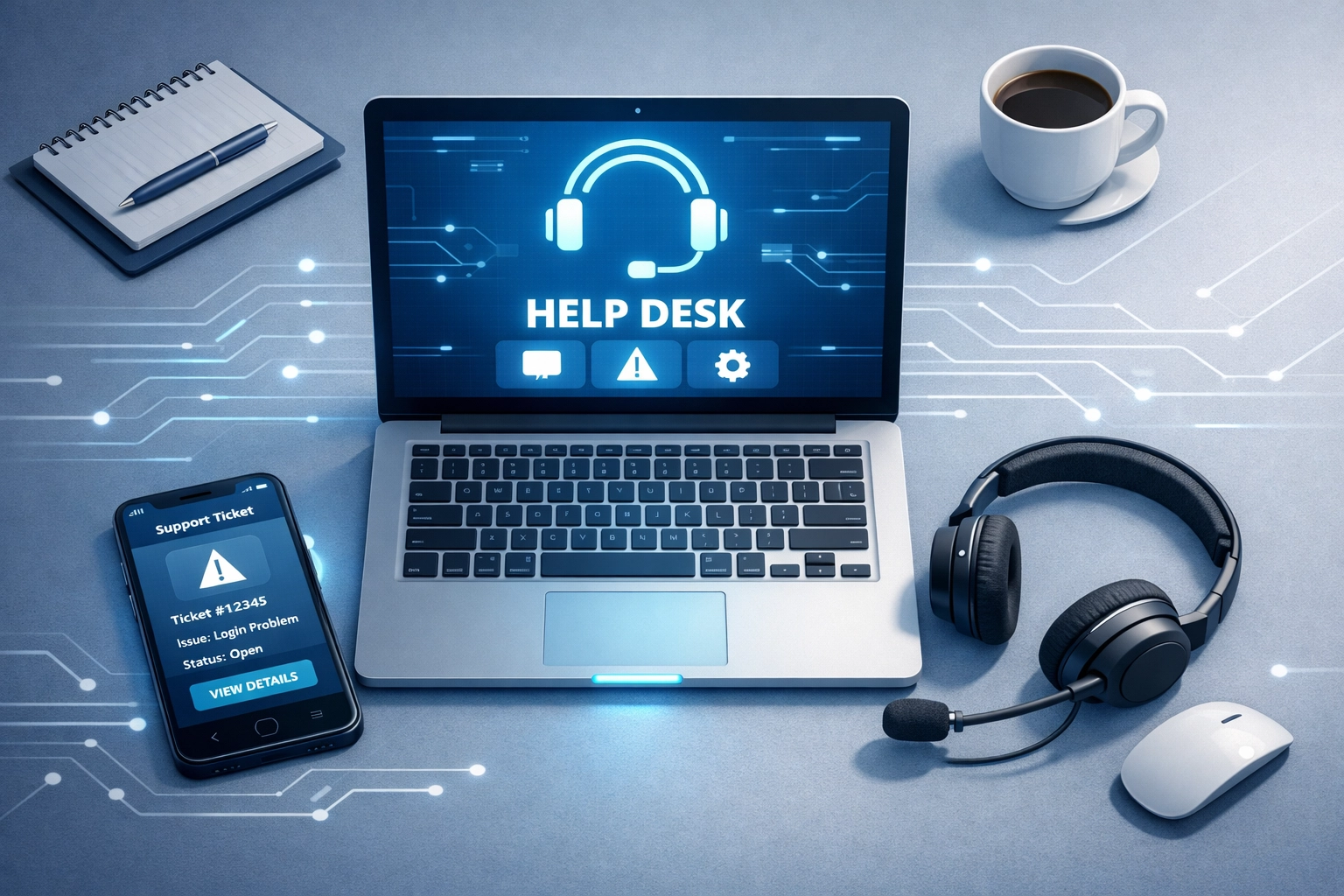 Network infrastructure management workspace with help desk support tools and monitoring systems