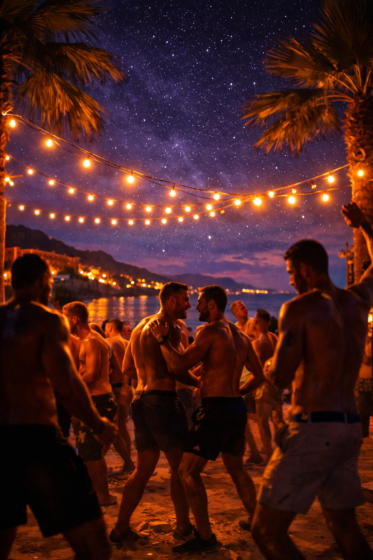 LGBTQ+ nightlife at Cap d'Agde beach club with dancing and string lights under stars