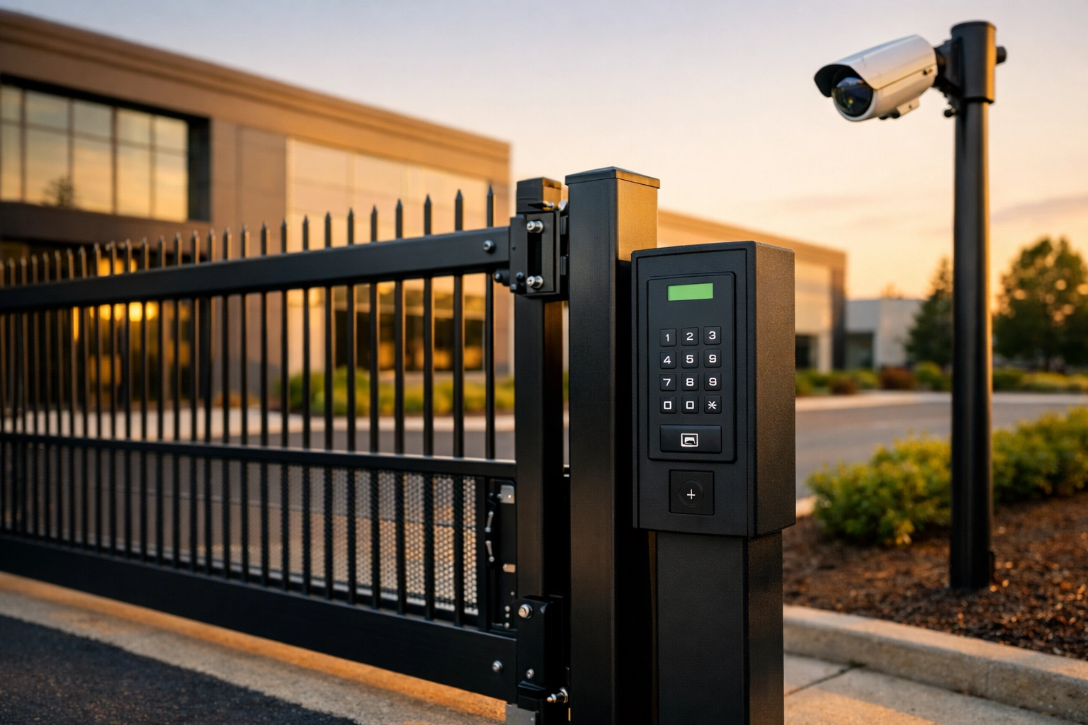 Commercial security fence with electronic gate and camera system for business protection