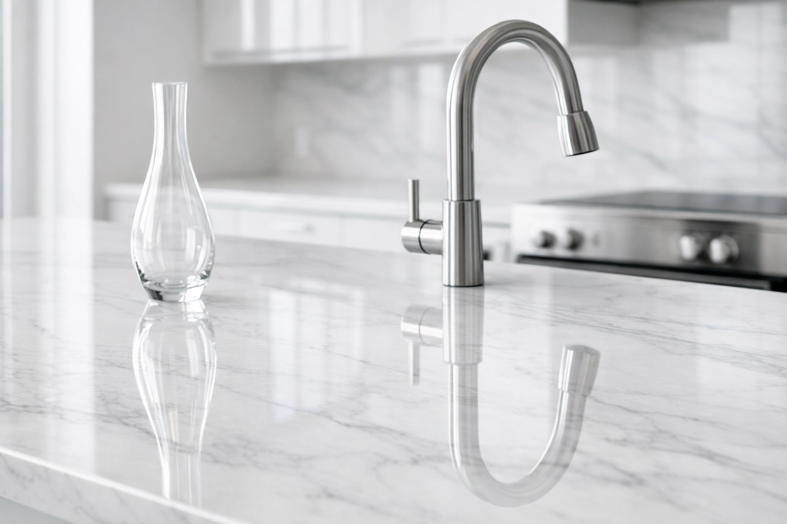 Clean marble kitchen countertop in a Detroit apartment showing professional turnover standards.