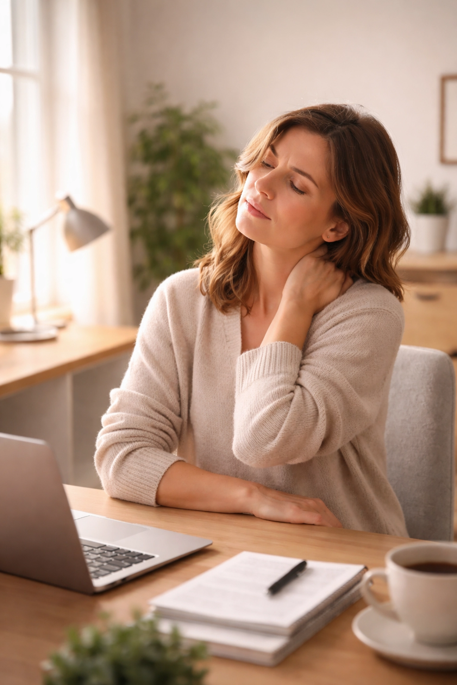 Woman at her desk rubbing her neck while considering which massage therapy she needs