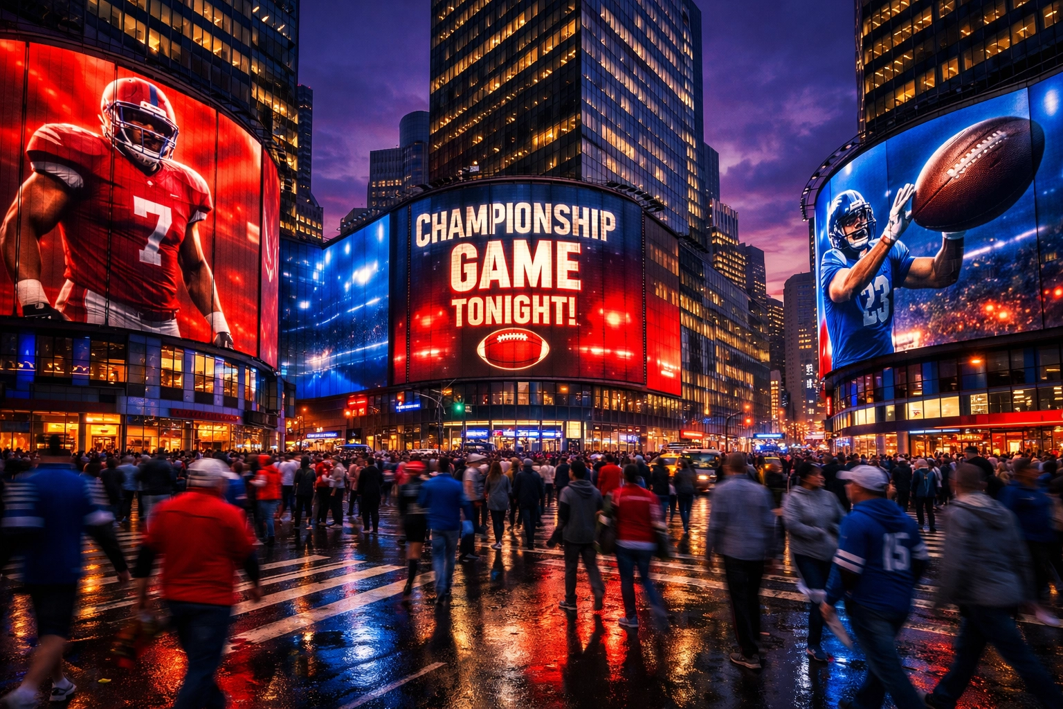Digital OOH billboards on city skyscrapers showcasing unskippable sports media and Big Game advertising.