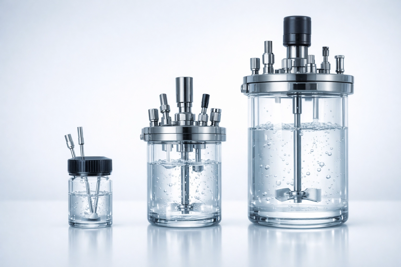 Bioreactor vessels showing scalable antibody production from small to large batch sizes