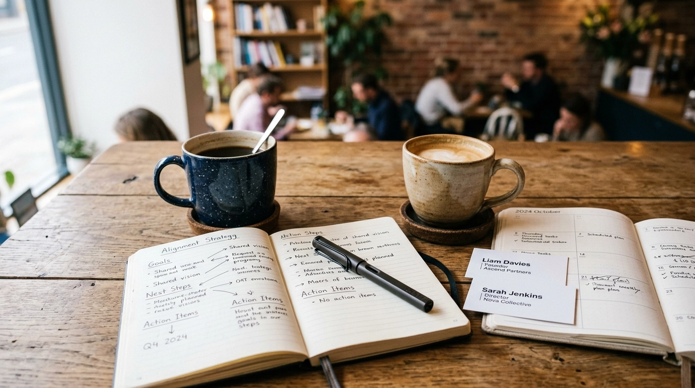 Shared planner, coffee mugs, and notebook in a casual meeting space