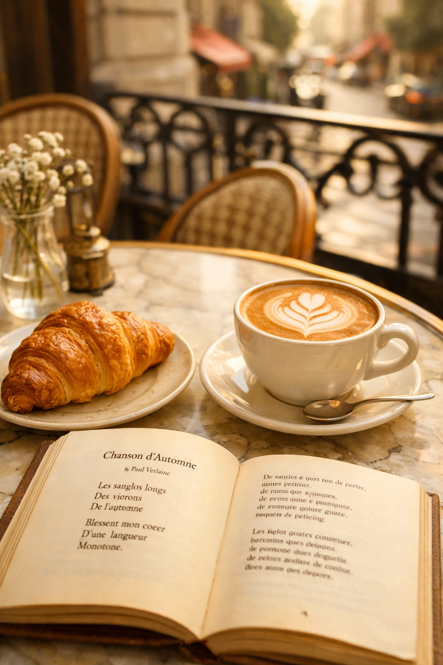 Café francés con croissant y libro de poesía - cultura francesa auténtica